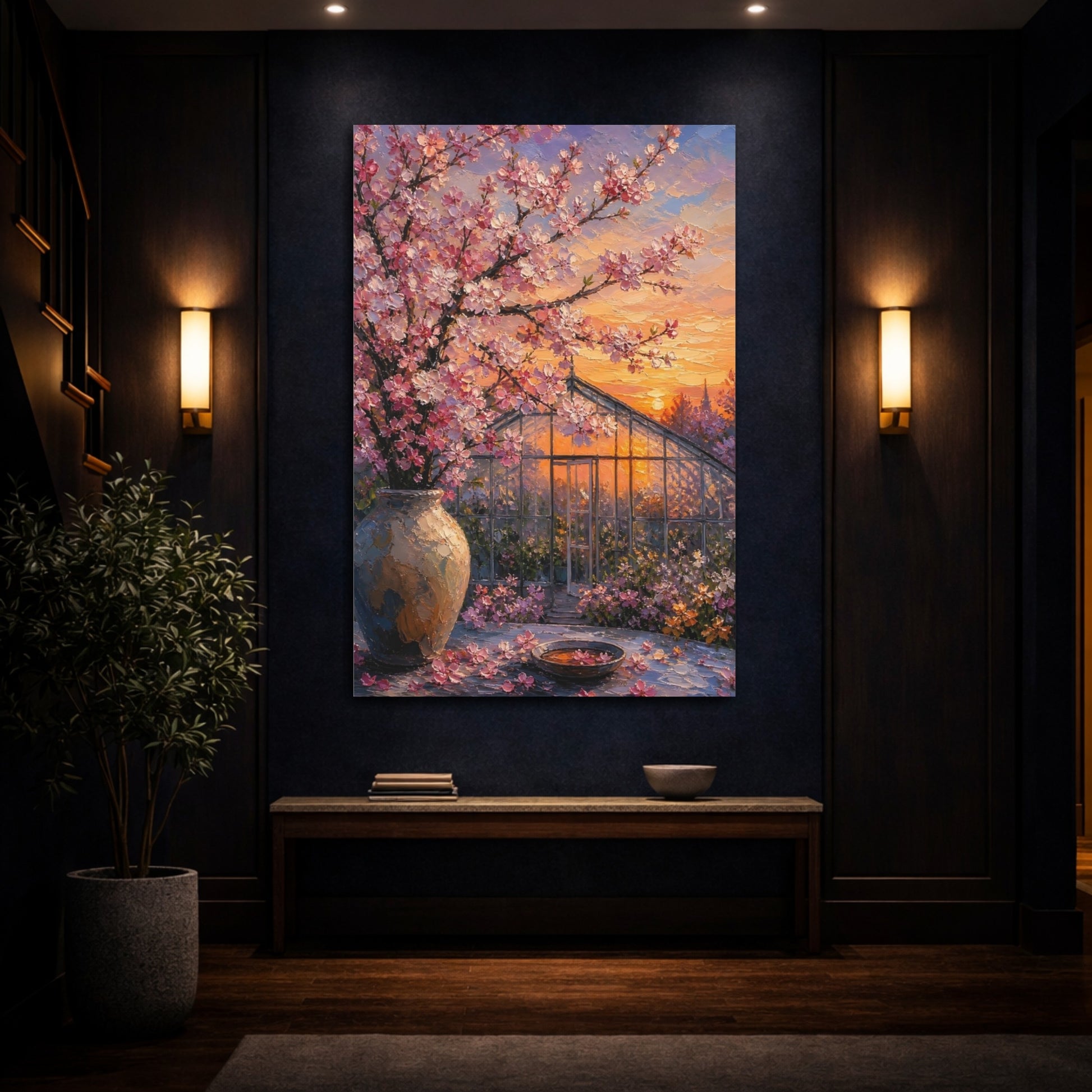 Mockup 4. Nature Cherry Blossoms Pink And Orange shown as stretched canvas wall art