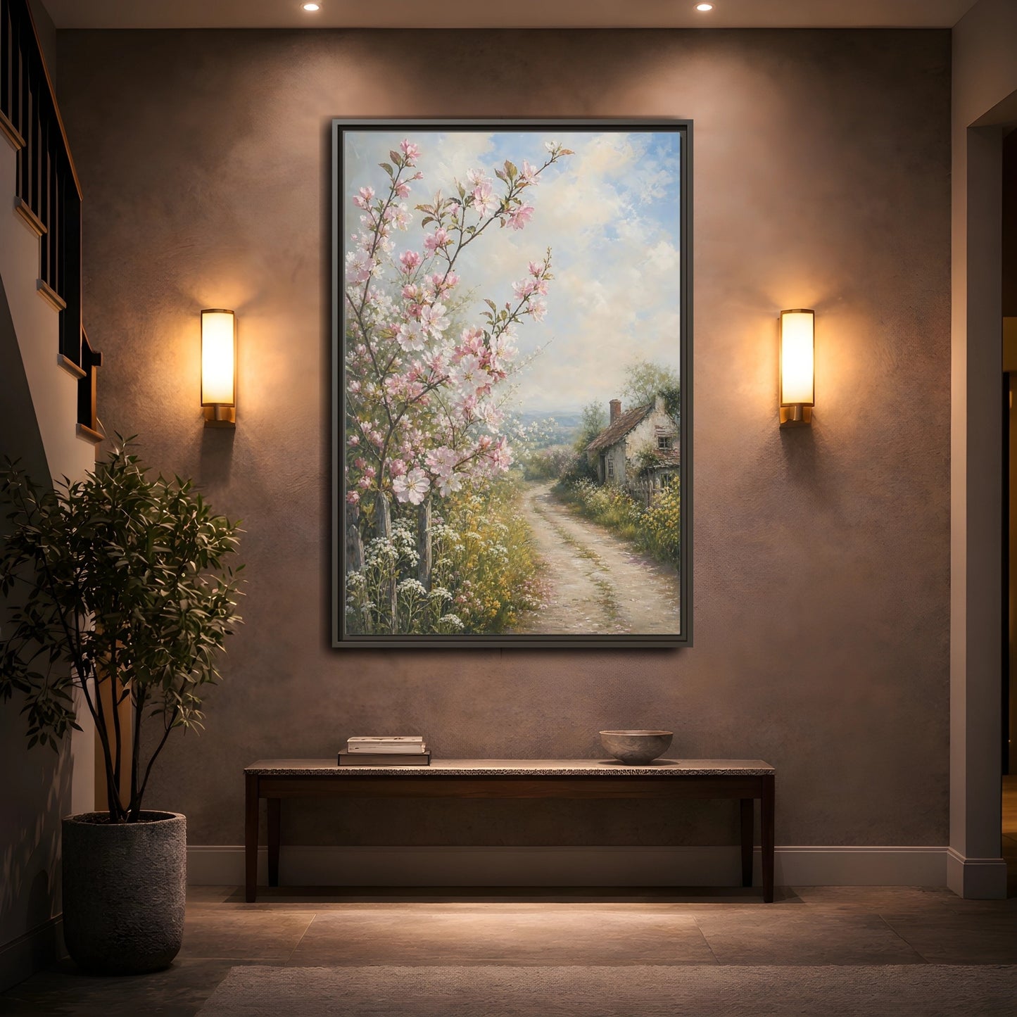 Mockup 2. Nature Cherry Blossoms Pink Blossoms Cottage shown as stretched canvas wall art