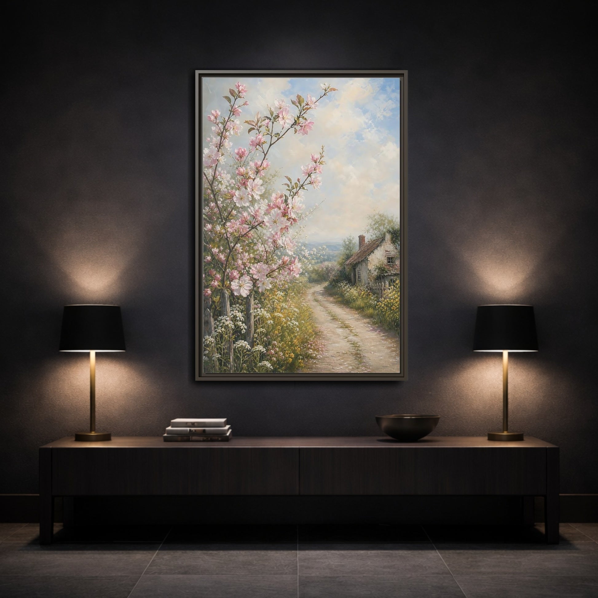 Mockup 3. Nature Cherry Blossoms Pink Blossoms Cottage shown as stretched canvas wall art
