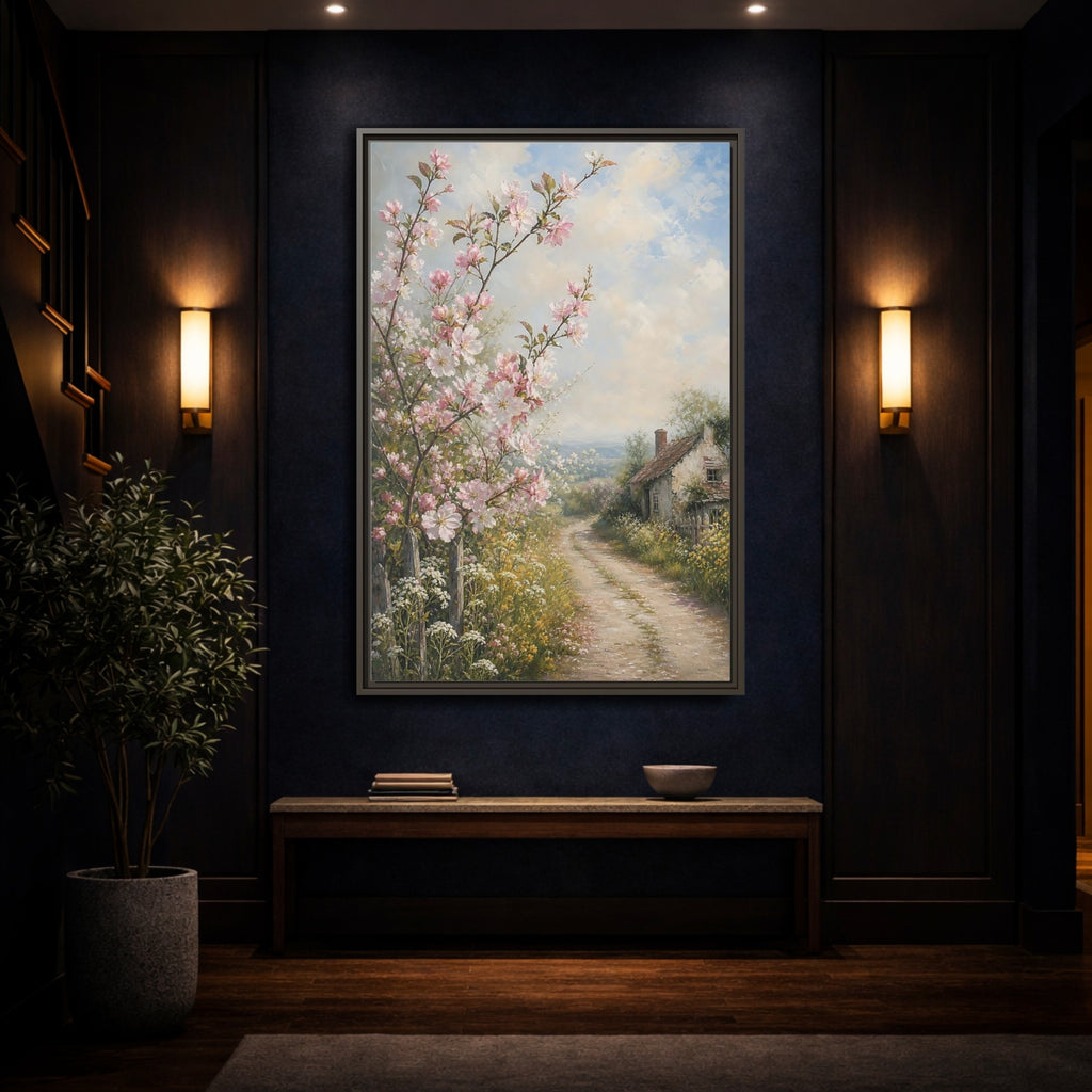 Mockup 4. Nature Cherry Blossoms Pink Blossoms Cottage shown as stretched canvas wall art