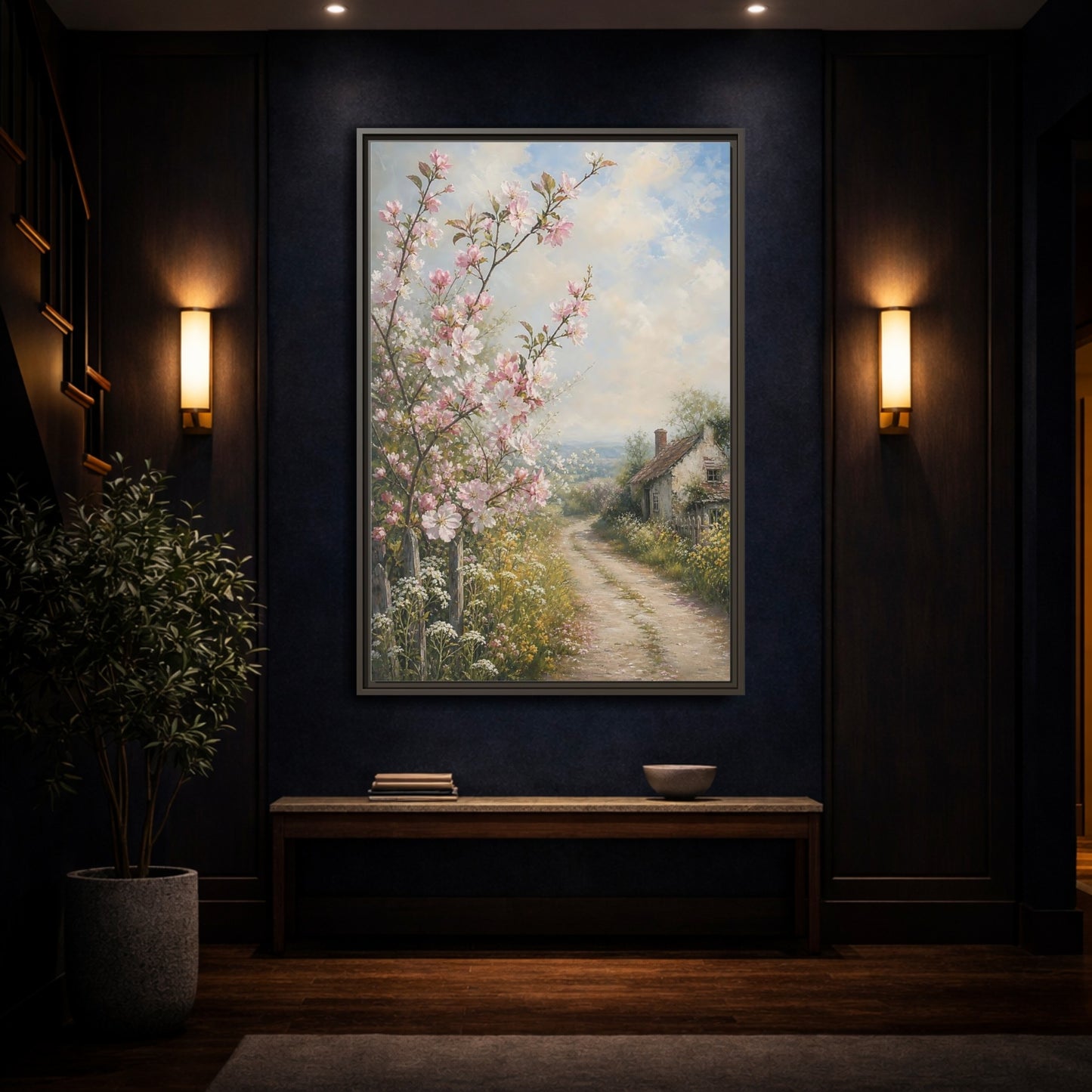 Mockup 4. Nature Cherry Blossoms Pink Blossoms Cottage shown as stretched canvas wall art