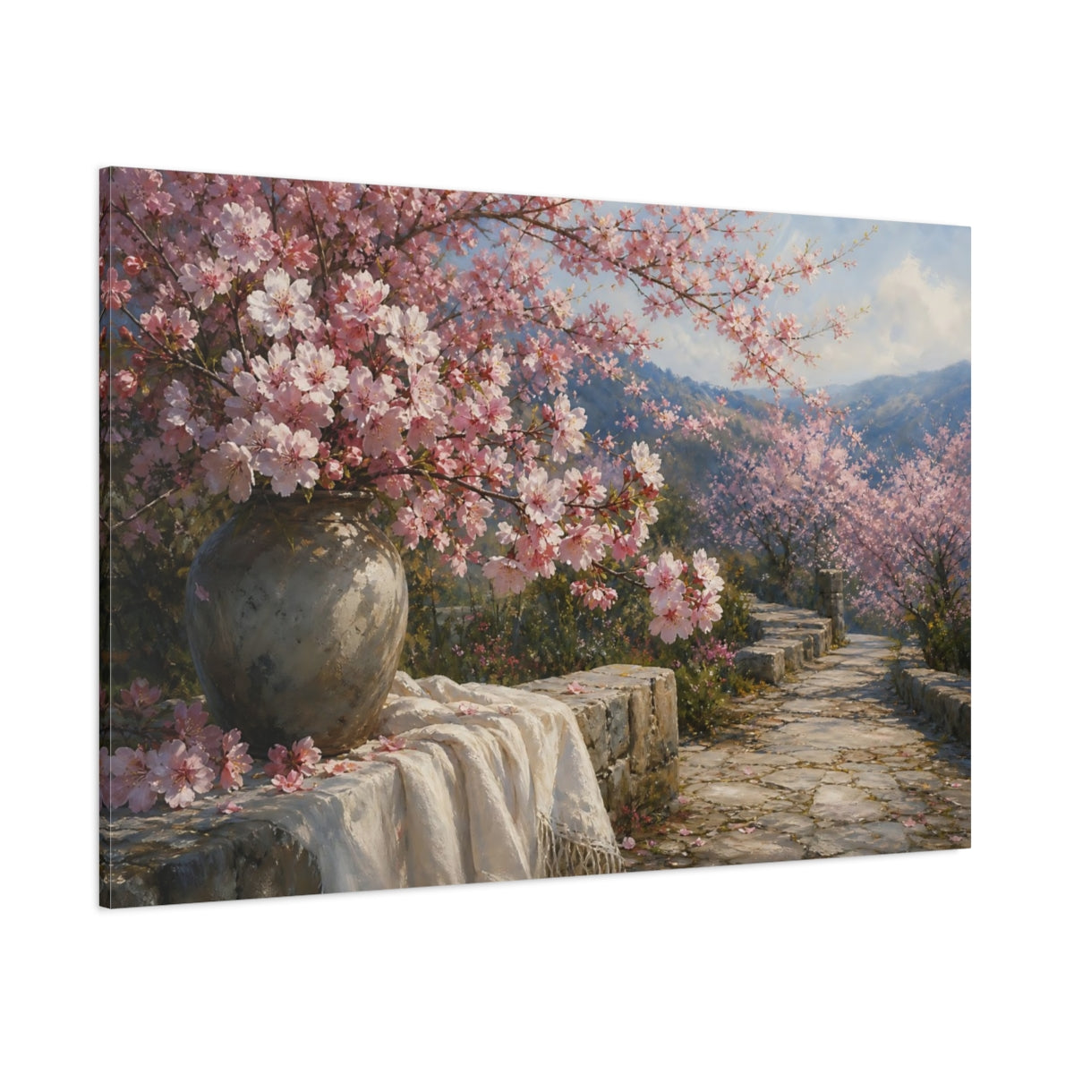 Side Mockup 1. Nature Cherry Blossoms Pink Cherry Blossoms shown as stretched canvas wall art