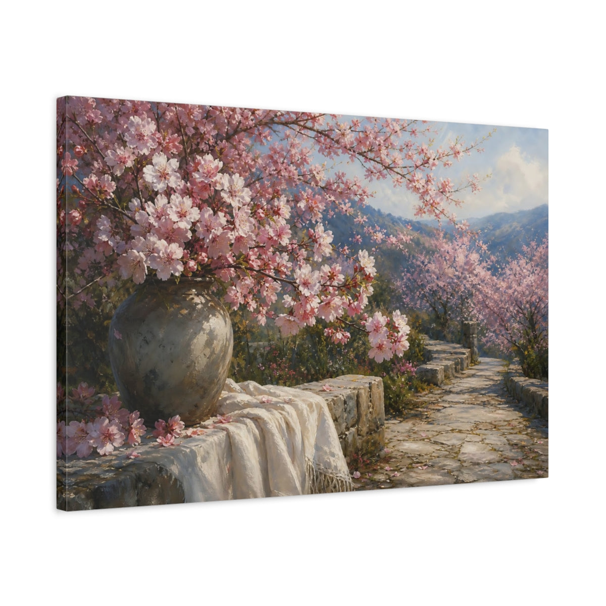 Side Mockup 2. Nature Cherry Blossoms Pink Cherry Blossoms shown as stretched canvas wall art