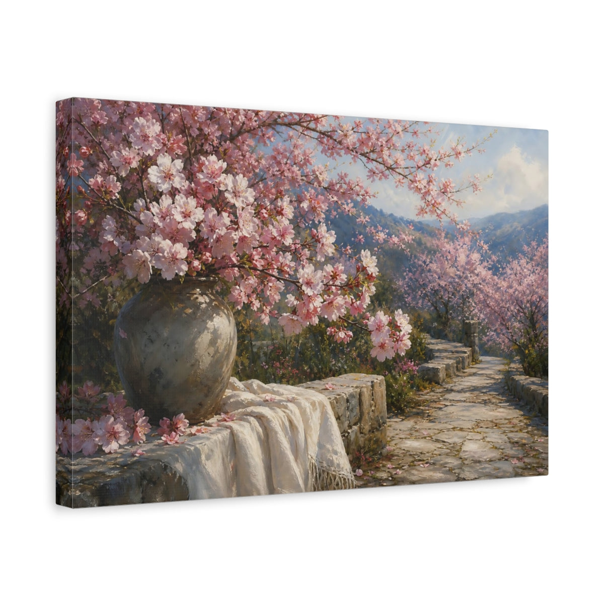 Side Mockup 4. Nature Cherry Blossoms Pink Cherry Blossoms shown as stretched canvas wall art