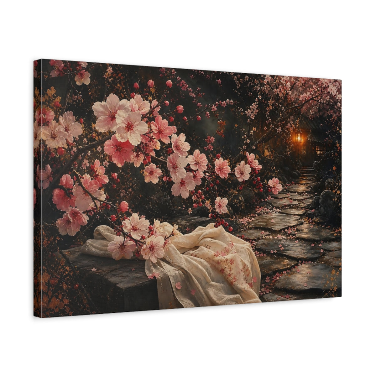 Side Mockup 3. Nature Cherry Blossoms Pink Cherry Blossom shown as stretched canvas wall art