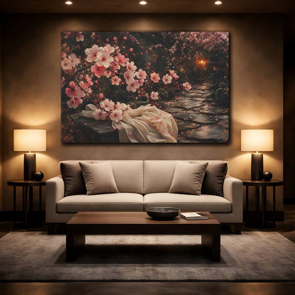 Mockup 2. Nature Cherry Blossoms Pink Cherry Blossom shown as stretched canvas wall art