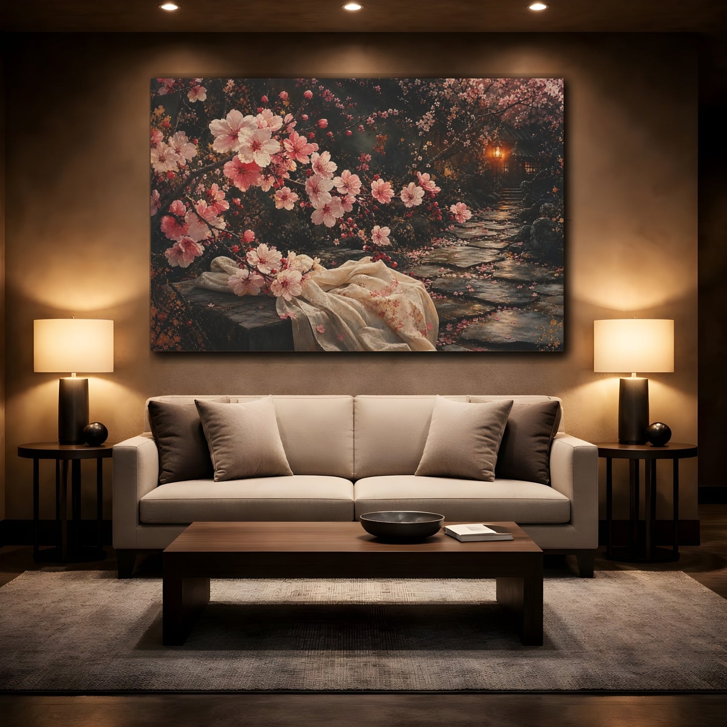 Mockup 2. Nature Cherry Blossoms Pink Cherry Blossom shown as stretched canvas wall art