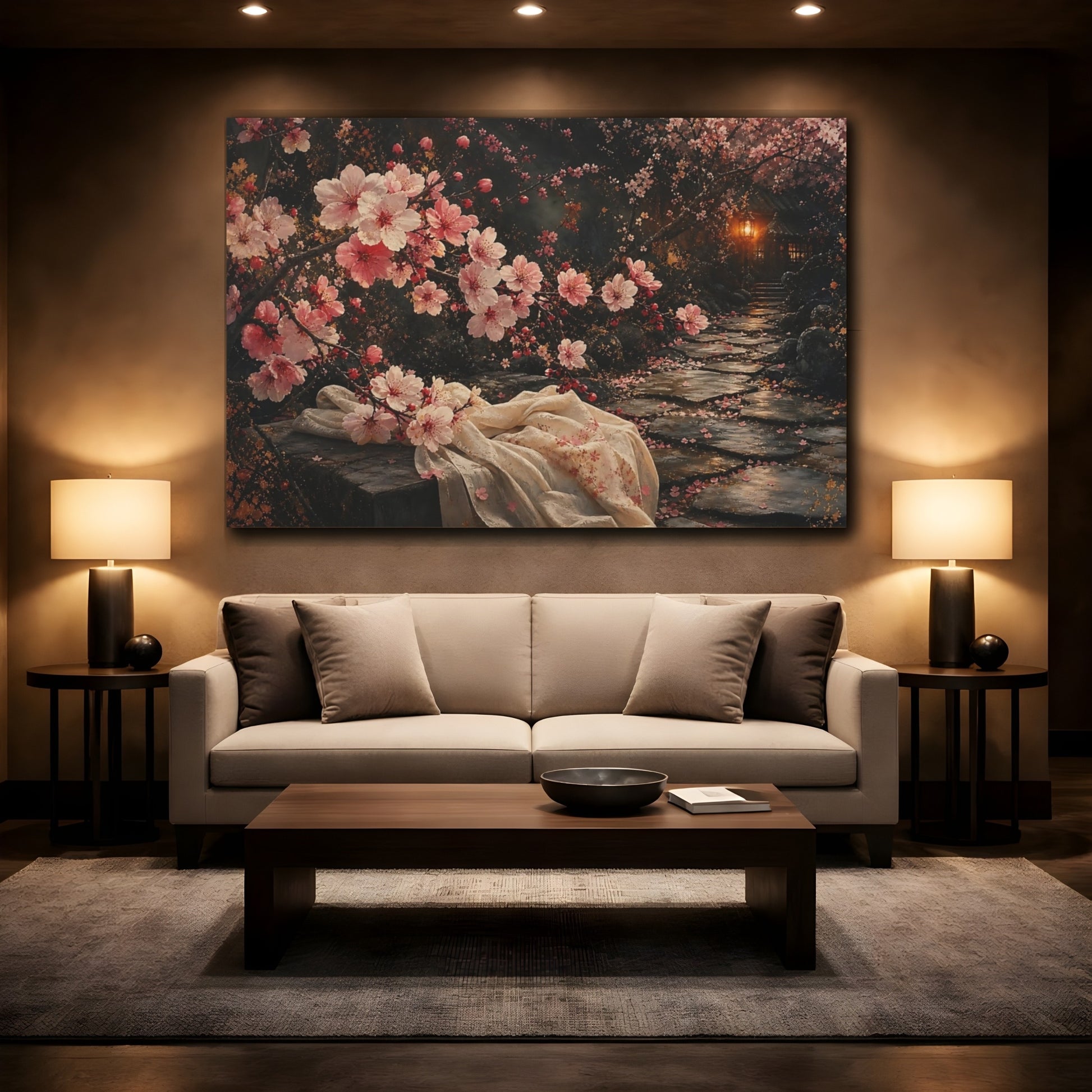 Mockup 2. Nature Cherry Blossoms Pink Cherry Blossom shown as stretched canvas wall art