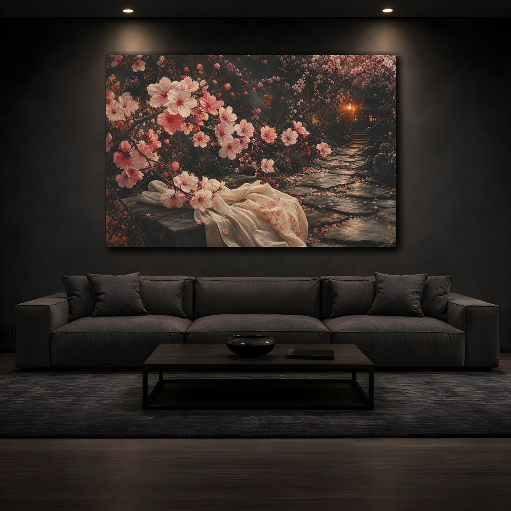 Mockup 3. Nature Cherry Blossoms Pink Cherry Blossom shown as stretched canvas wall art