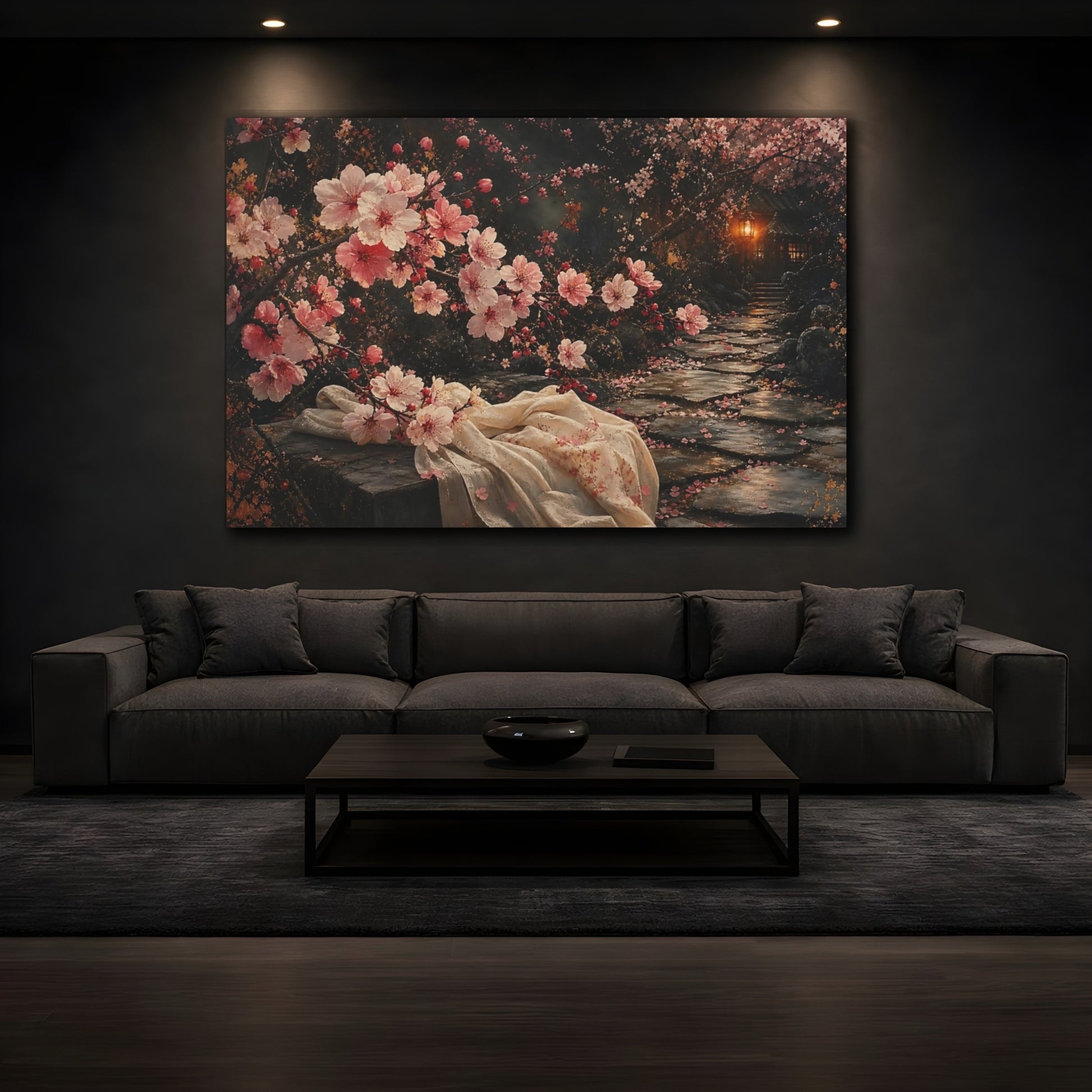 Mockup 3. Nature Cherry Blossoms Pink Cherry Blossom shown as stretched canvas wall art