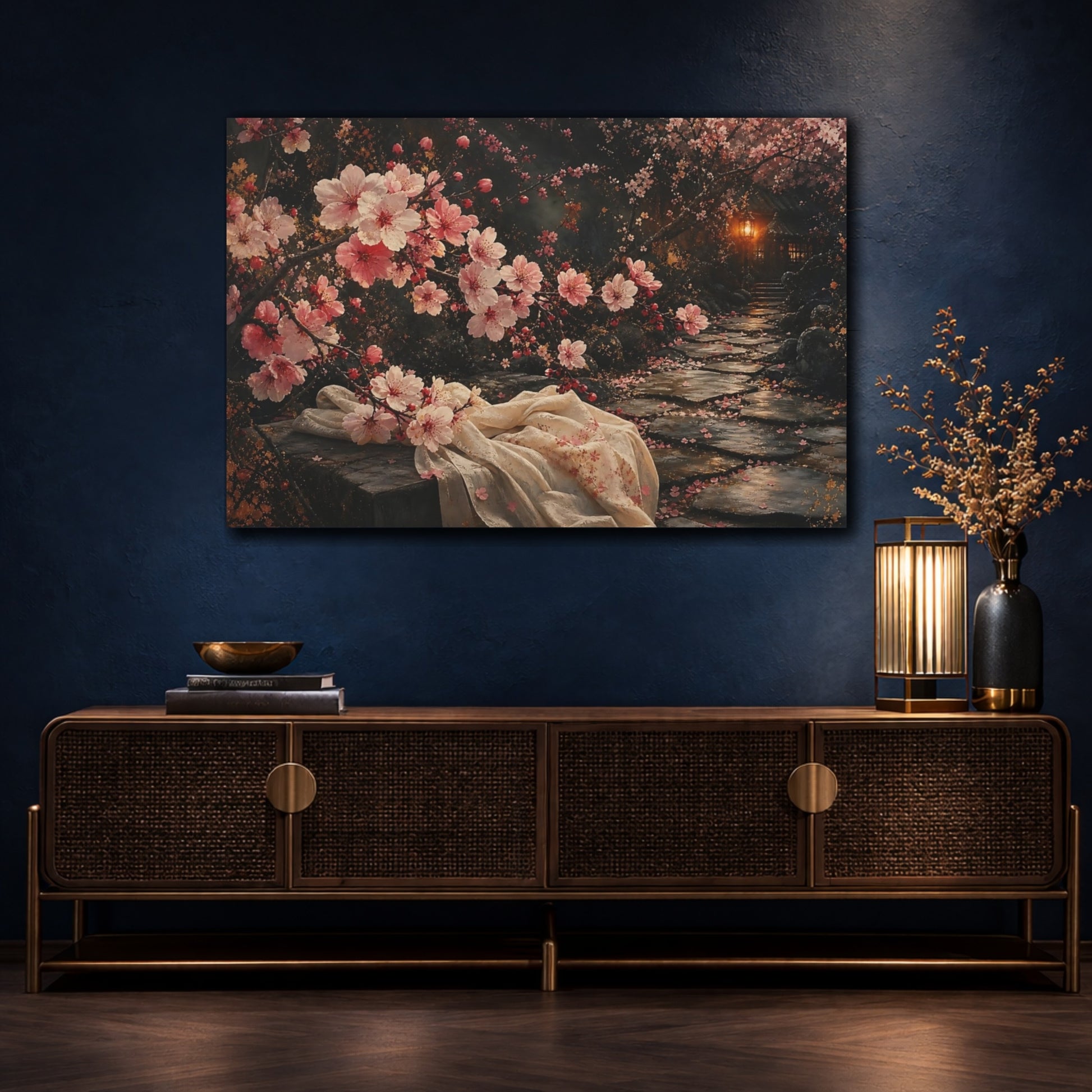 Mockup 4. Nature Cherry Blossoms Pink Cherry Blossom shown as stretched canvas wall art