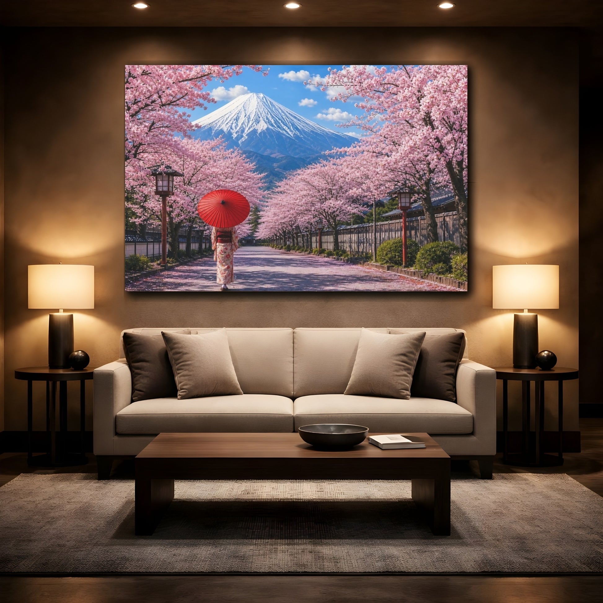 Mockup 2. Nature Cherry Blossoms Pink Cherry Blossoms shown as stretched canvas wall art