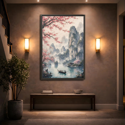 Mockup 2. Nature Cherry Blossoms Pink Cherry Blossoms shown as stretched canvas wall art