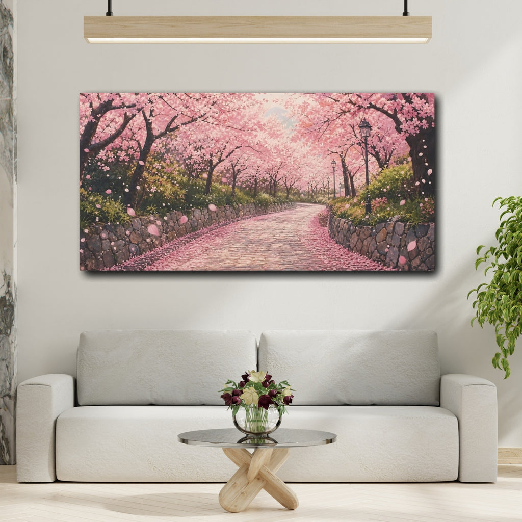 Mockup 2. Nature Cherry Blossoms Pink Cherry Blossoms shown as stretched canvas wall art