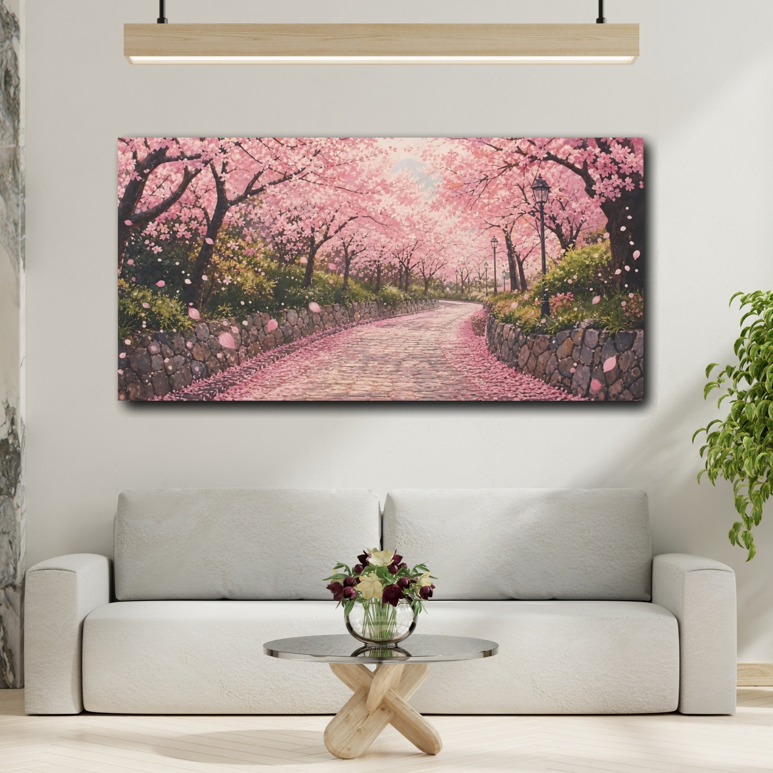 Mockup 2. Nature Cherry Blossoms Pink Cherry Blossoms shown as stretched canvas wall art