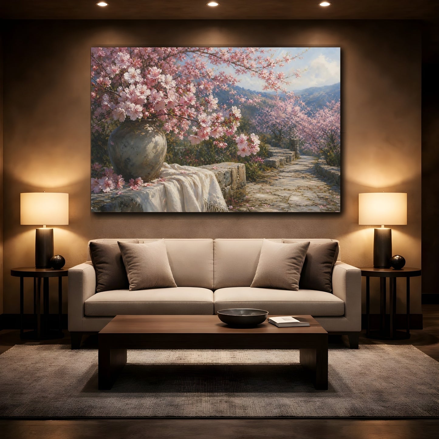 Mockup 2. Nature Cherry Blossoms Pink Cherry Blossoms shown as stretched canvas wall art