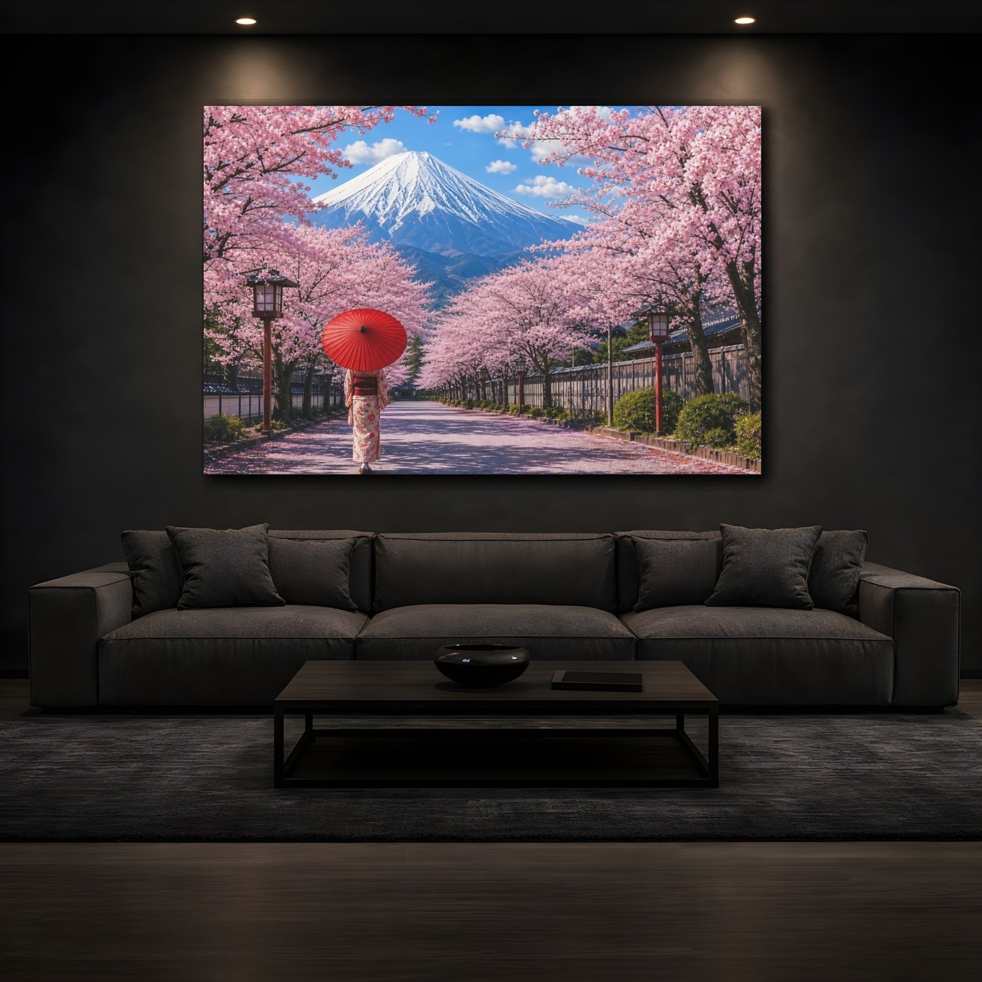 Mockup 3. Nature Cherry Blossoms Pink Cherry Blossoms shown as stretched canvas wall art