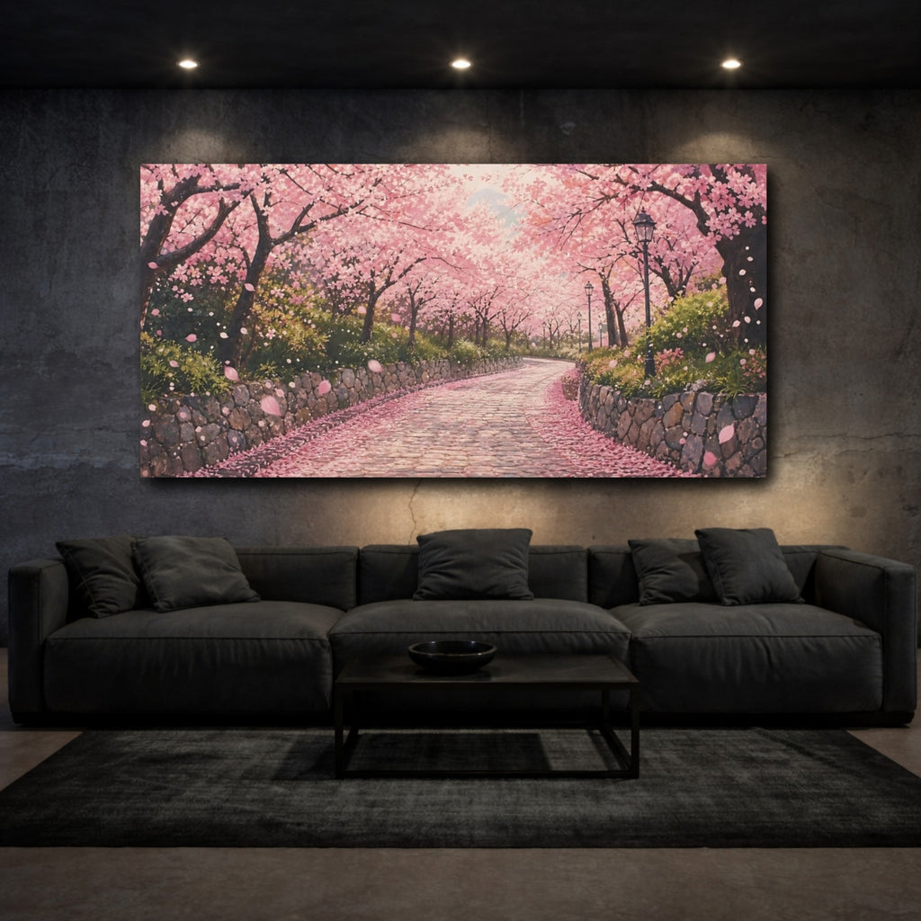 Mockup 3. Nature Cherry Blossoms Pink Cherry Blossoms shown as stretched canvas wall art