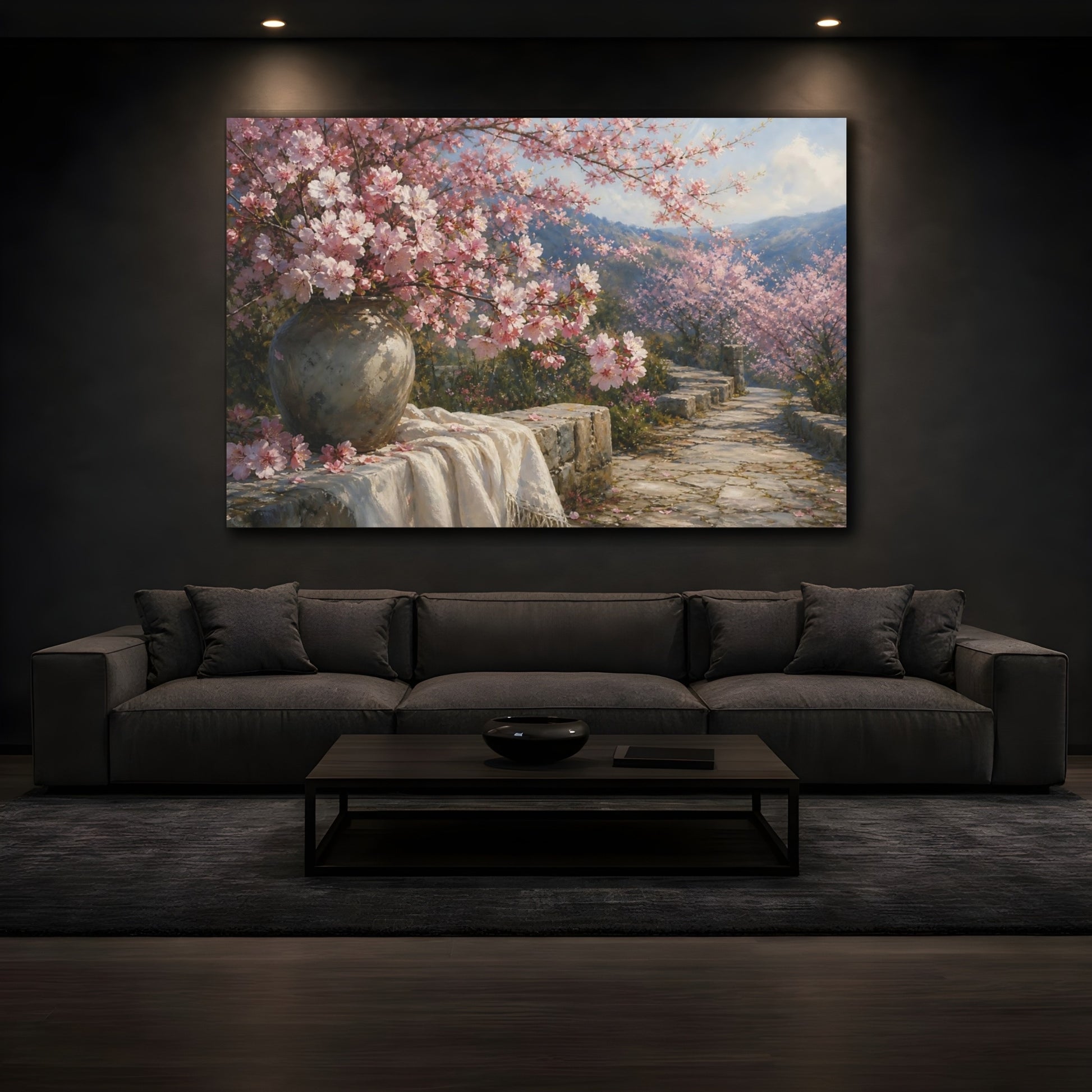 Mockup 3. Nature Cherry Blossoms Pink Cherry Blossoms shown as stretched canvas wall art