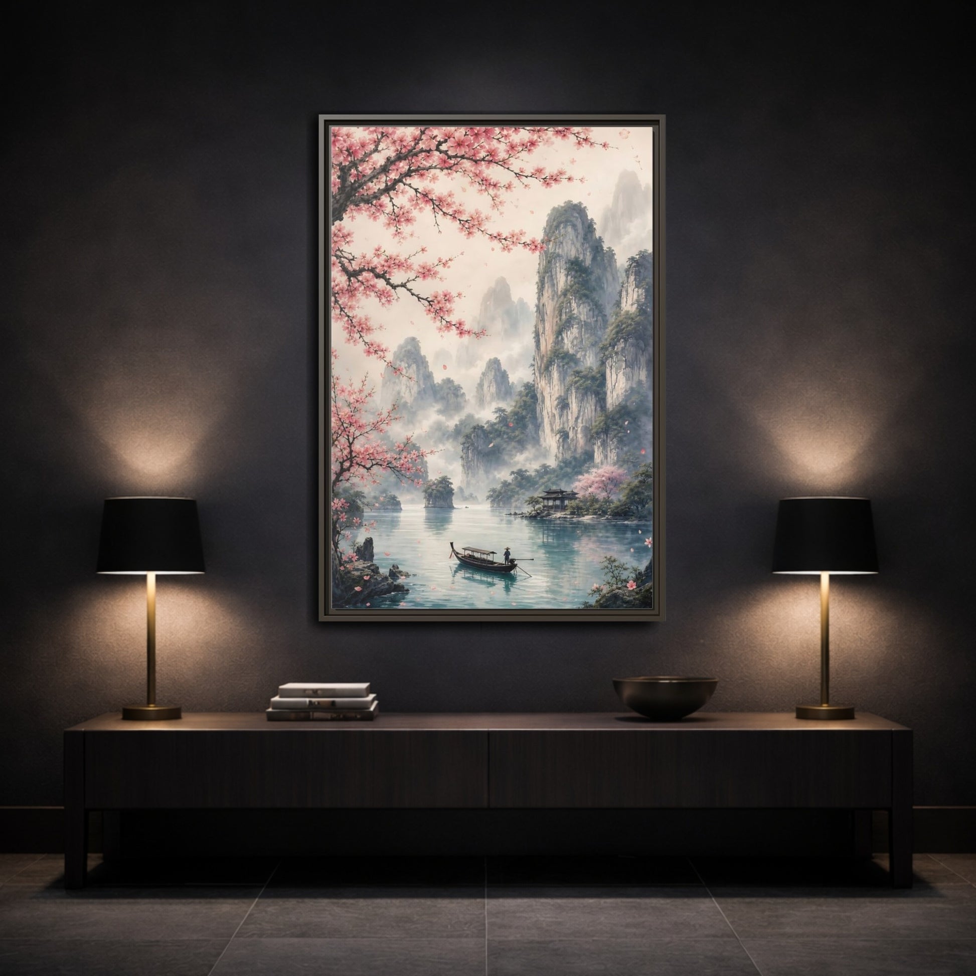 Mockup 3. Nature Cherry Blossoms Pink Cherry Blossoms shown as stretched canvas wall art