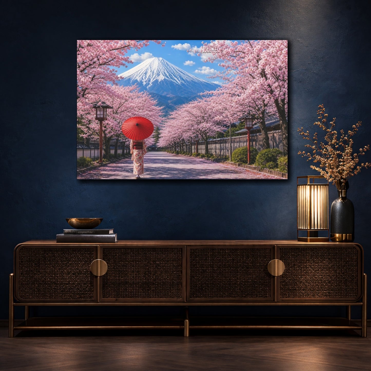 Mockup 4. Nature Cherry Blossoms Pink Cherry Blossoms shown as stretched canvas wall art