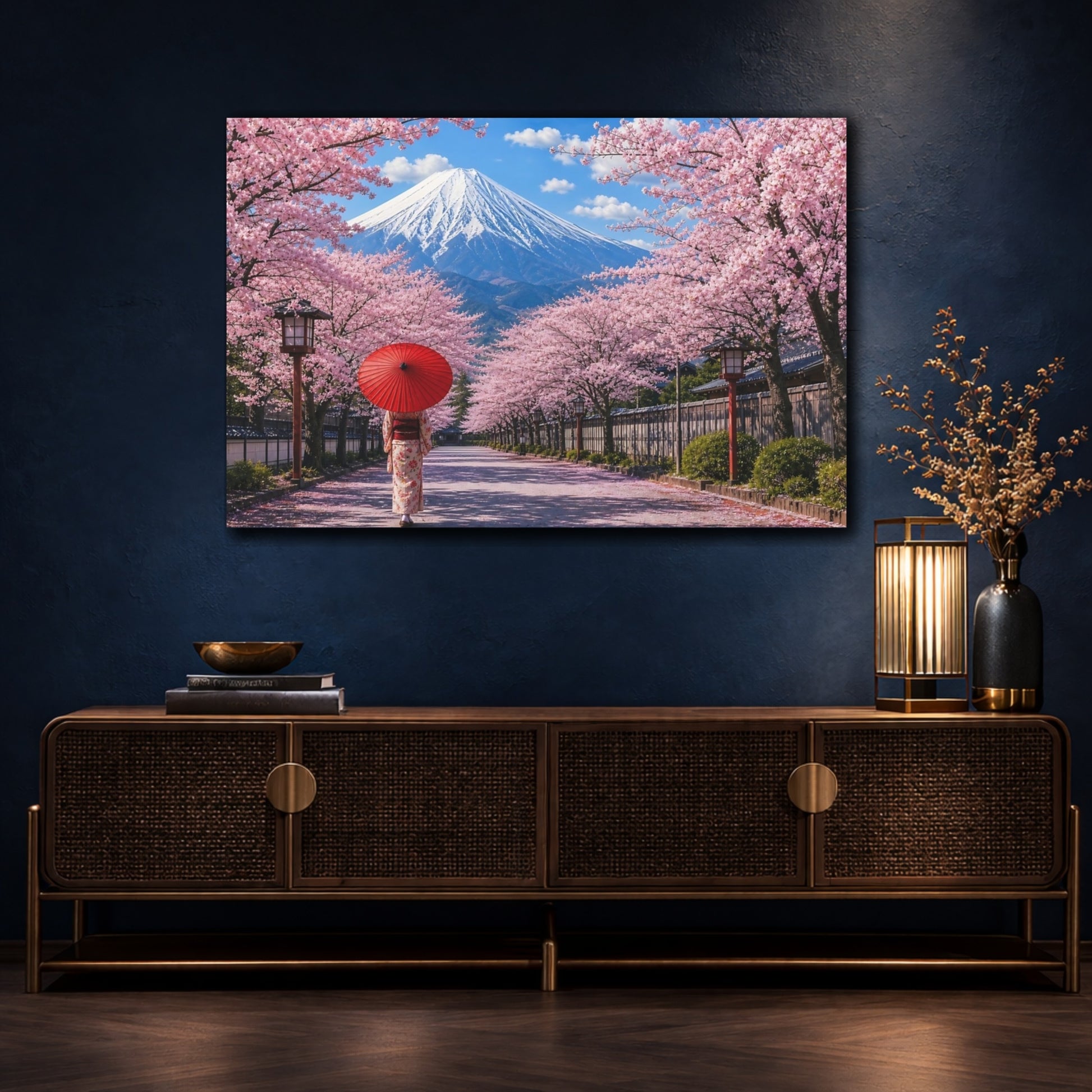 Mockup 4. Nature Cherry Blossoms Pink Cherry Blossoms shown as stretched canvas wall art