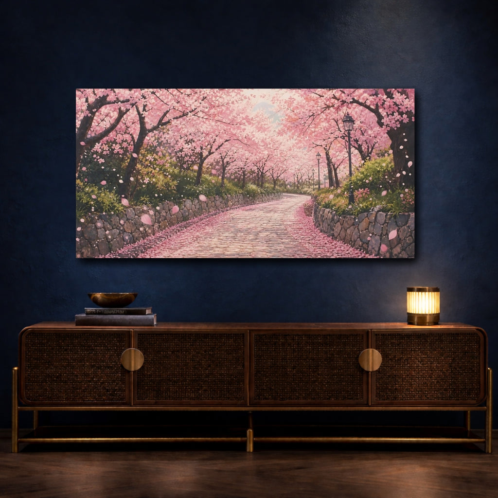Mockup 4. Nature Cherry Blossoms Pink Cherry Blossoms shown as stretched canvas wall art