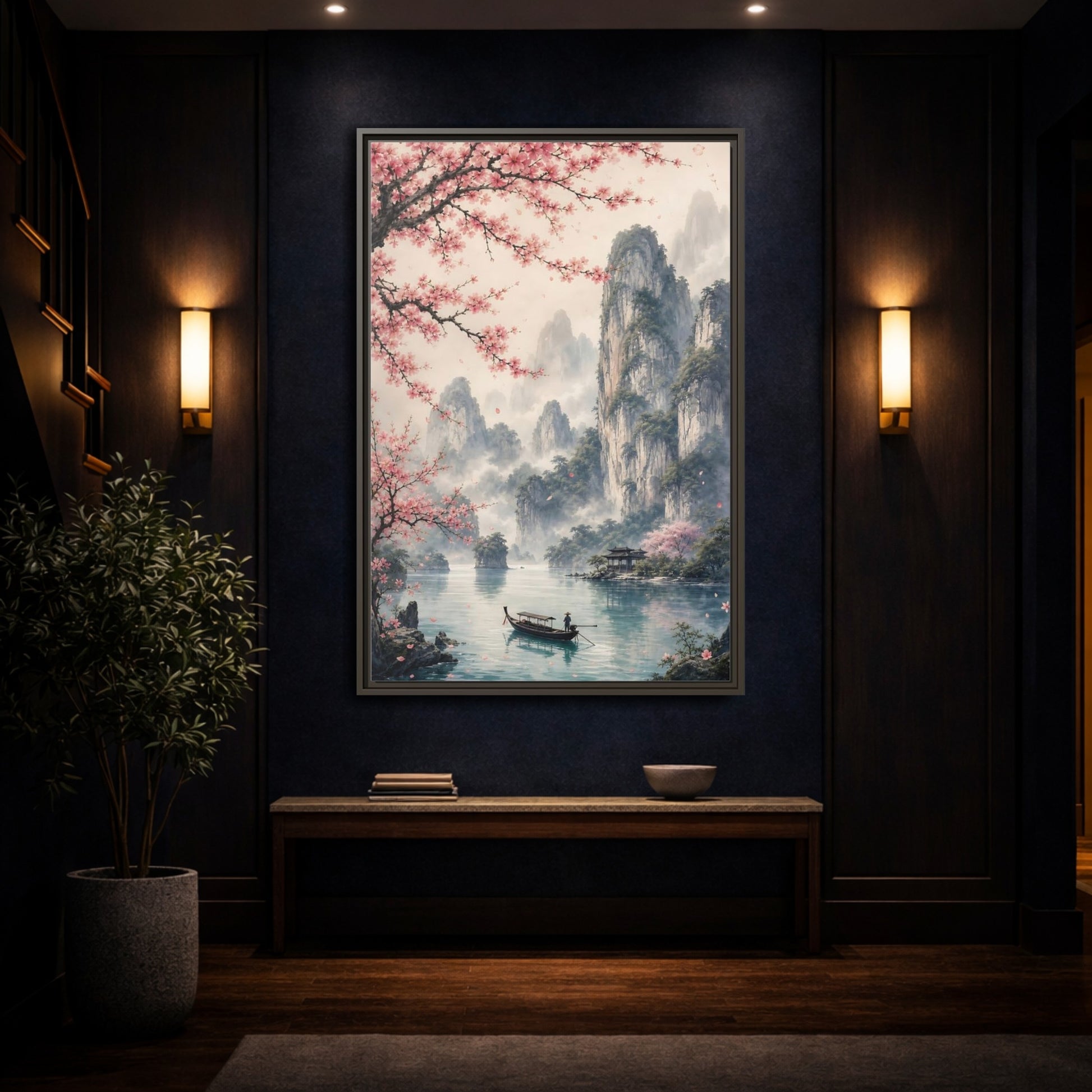 Mockup 4. Nature Cherry Blossoms Pink Cherry Blossoms shown as stretched canvas wall art