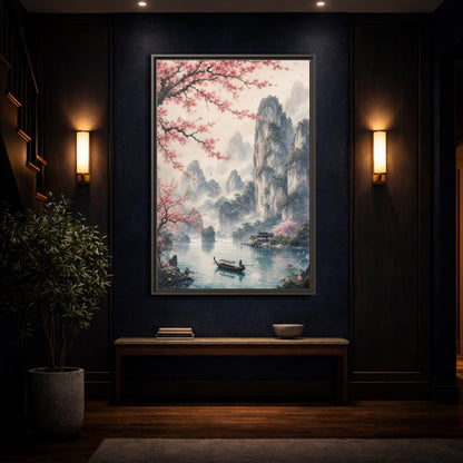 Mockup 4. Nature Cherry Blossoms Pink Cherry Blossoms shown as stretched canvas wall art