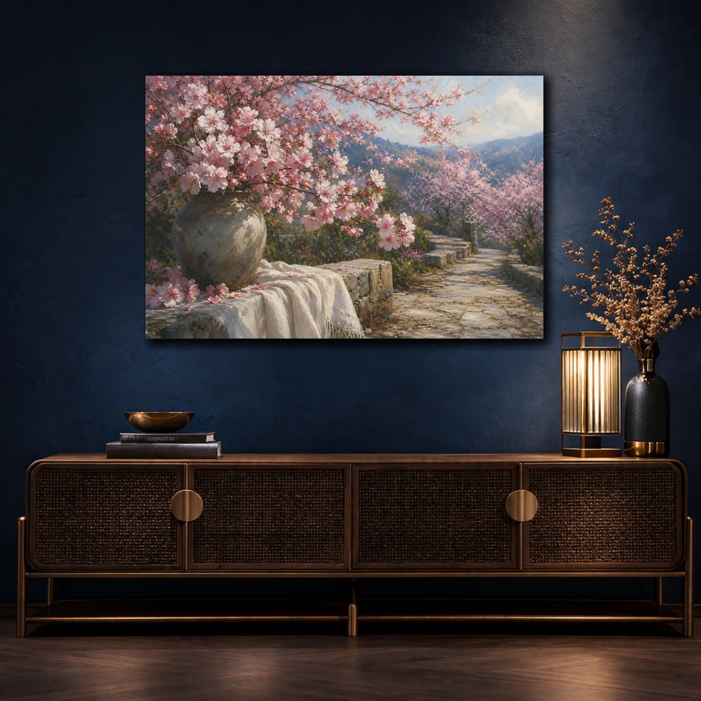 Mockup 4. Nature Cherry Blossoms Pink Cherry Blossoms shown as stretched canvas wall art