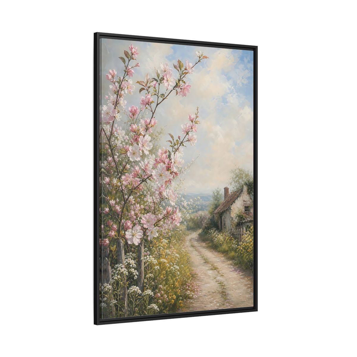 Side Mockup 12. Nature Cherry Blossoms Pink Blossoms Cottage shown as stretched canvas wall art