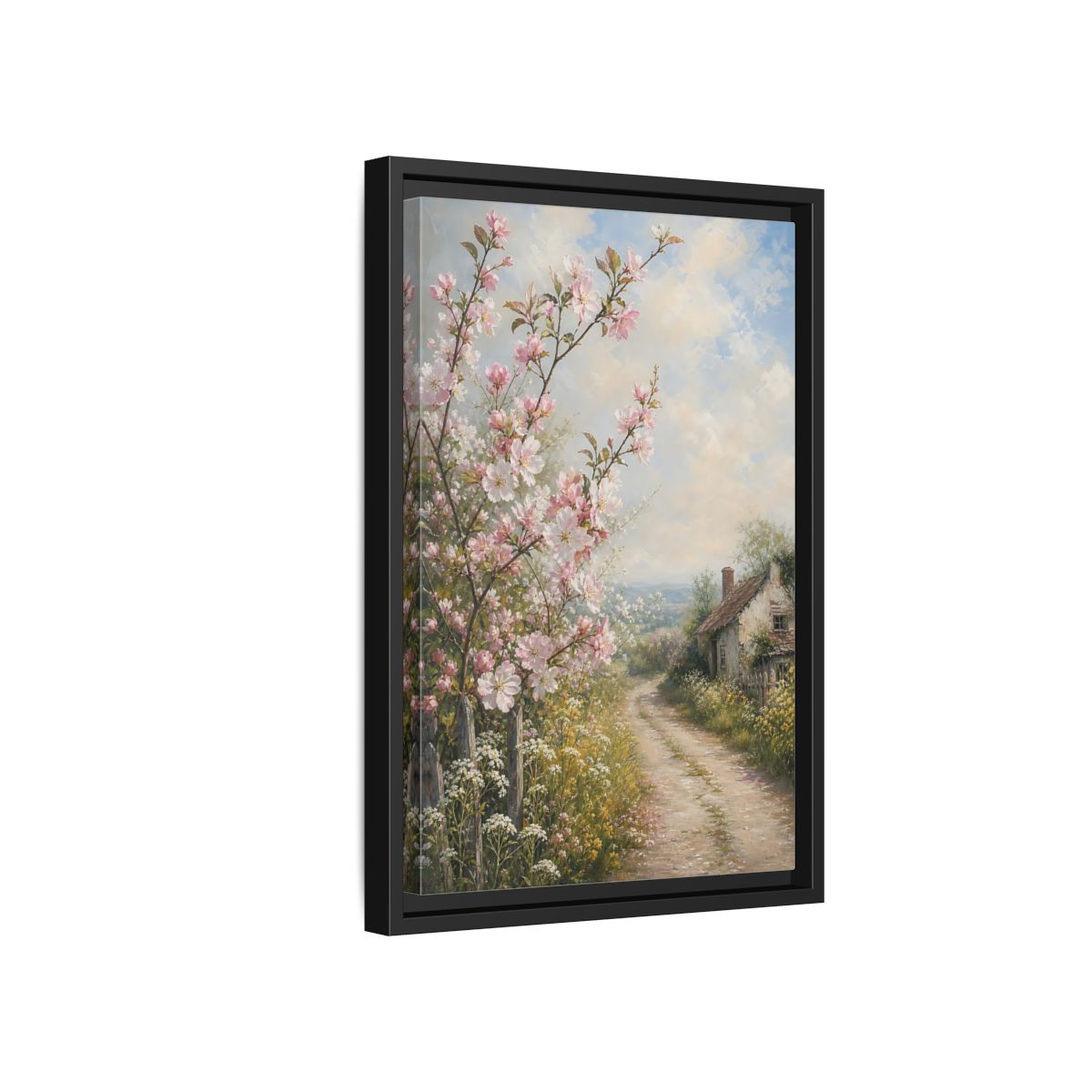 Side Mockup 6. Nature Cherry Blossoms Pink Blossoms Cottage shown as stretched canvas wall art