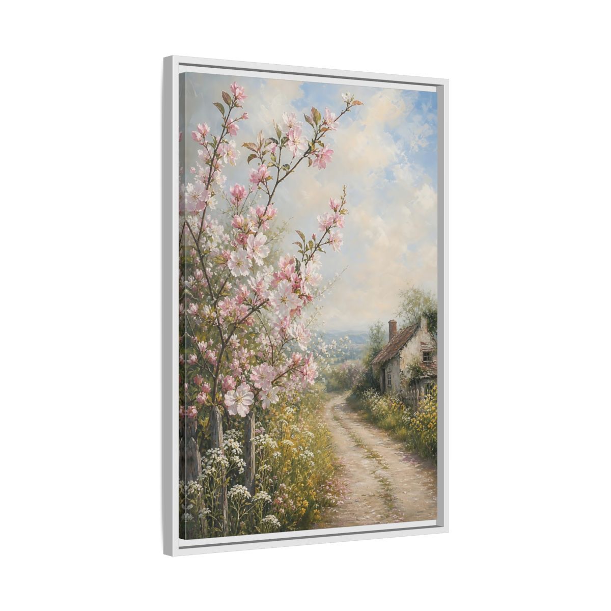Side Mockup 10. Nature Cherry Blossoms Pink Blossoms Cottage shown as stretched canvas wall art
