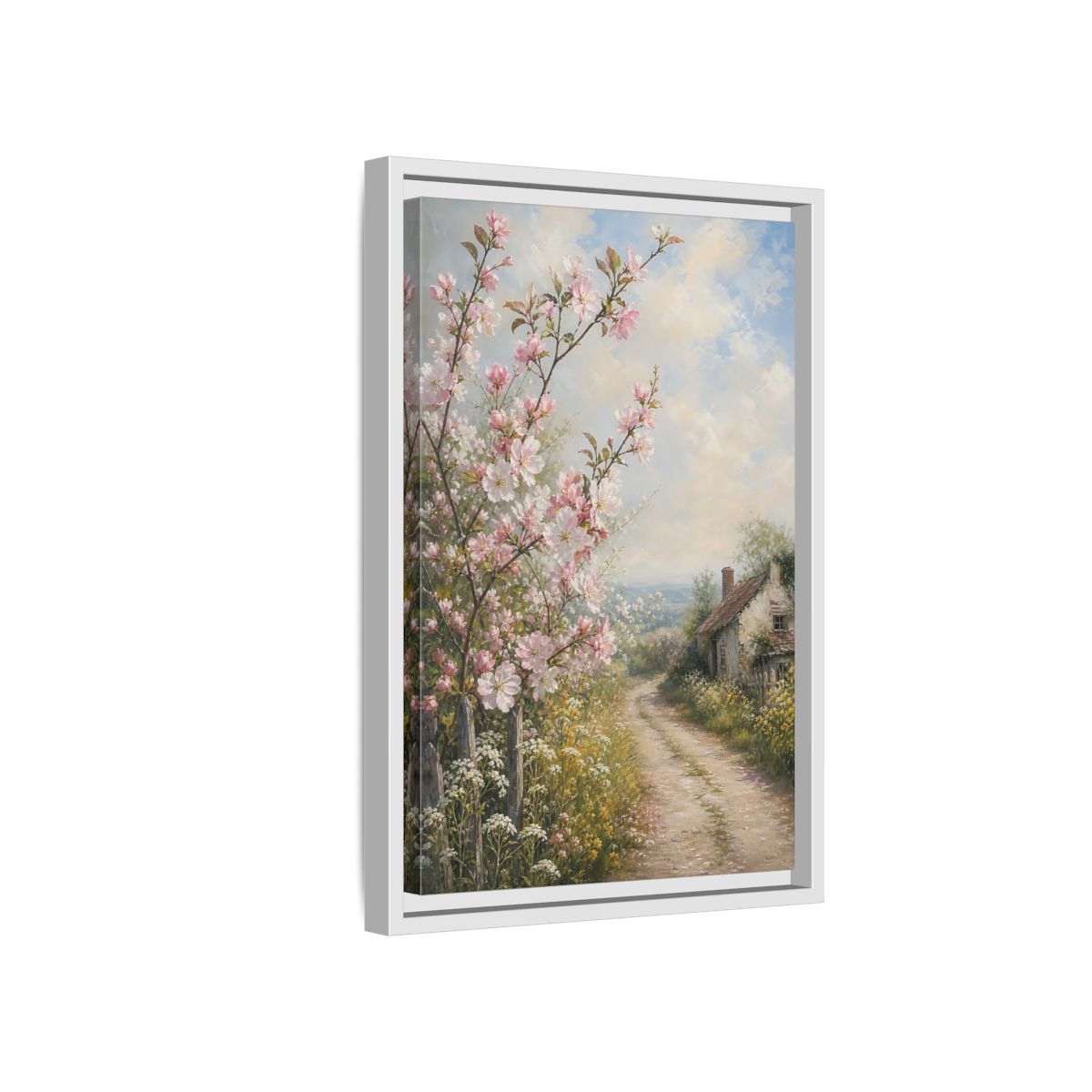 Side Mockup 4. Nature Cherry Blossoms Pink Blossoms Cottage shown as stretched canvas wall art