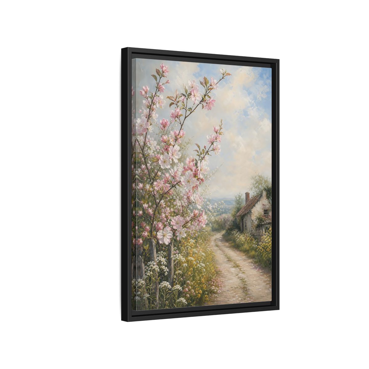 Side Mockup 3. Nature Cherry Blossoms Pink Blossoms Cottage shown as stretched canvas wall art