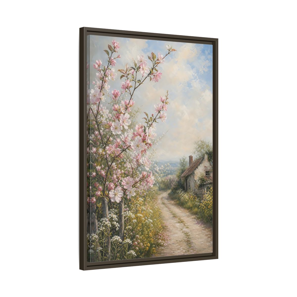 Side Mockup 11. Nature Cherry Blossoms Pink Blossoms Cottage shown as stretched canvas wall art