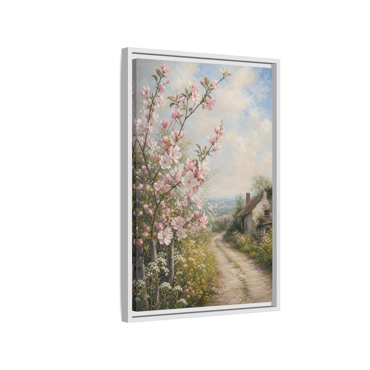 Side Mockup 1. Nature Cherry Blossoms Pink Blossoms Cottage shown as stretched canvas wall art