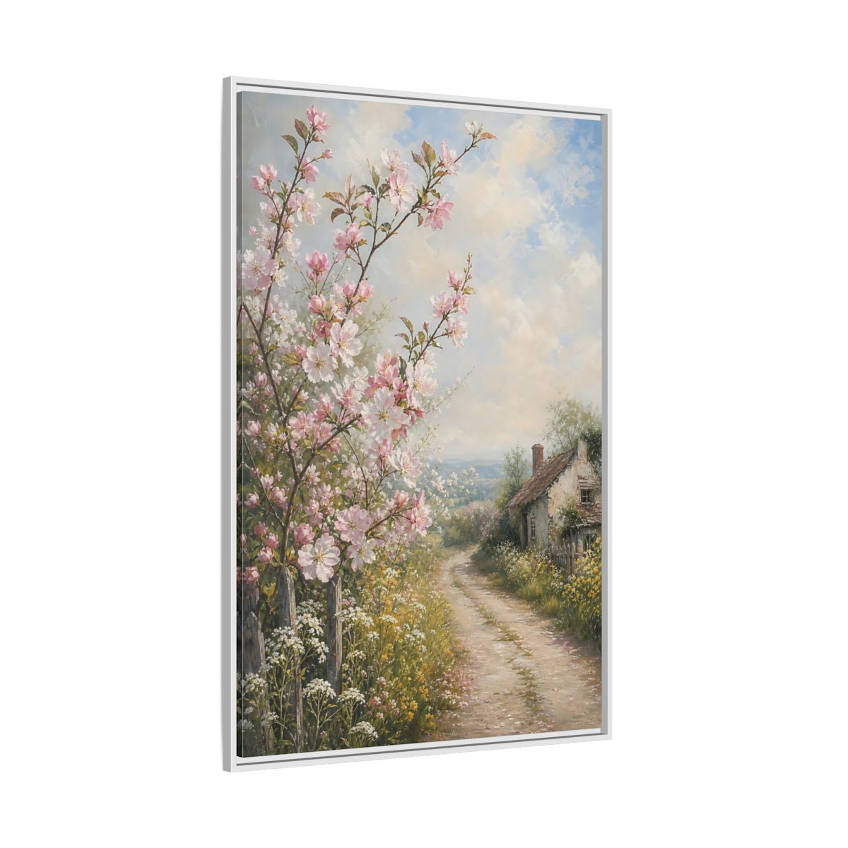 Side Mockup 7. Nature Cherry Blossoms Pink Blossoms Cottage shown as stretched canvas wall art