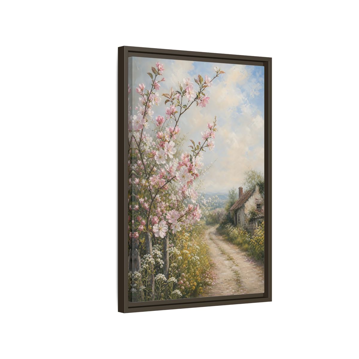Side Mockup 2. Nature Cherry Blossoms Pink Blossoms Cottage shown as stretched canvas wall art
