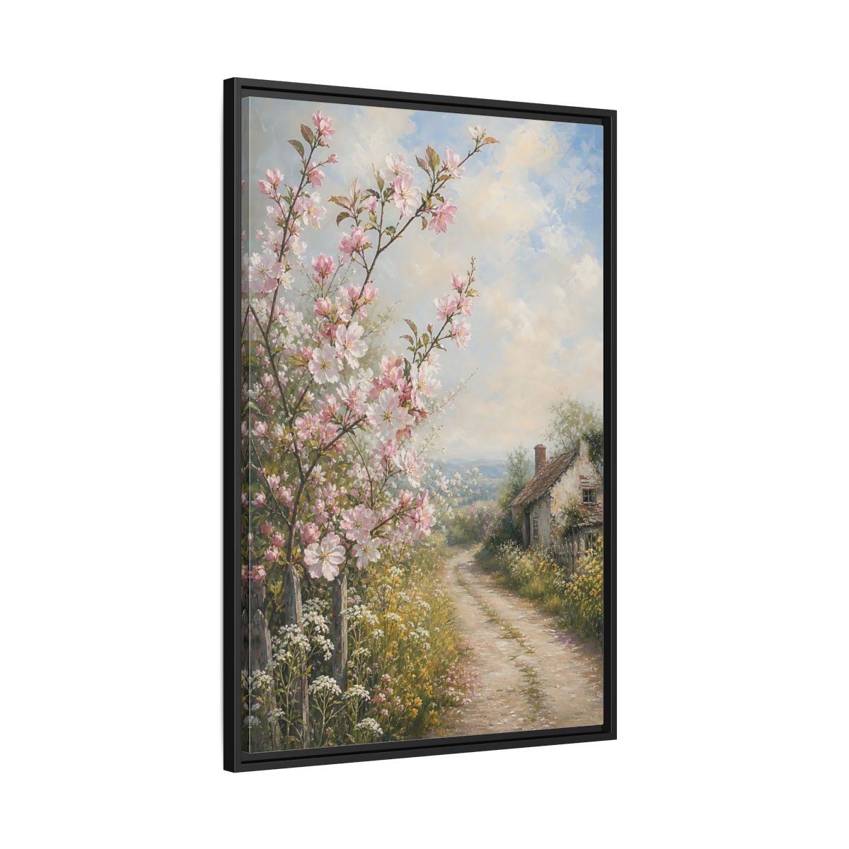 Side Mockup 13. Nature Cherry Blossoms Pink Blossoms Cottage shown as stretched canvas wall art