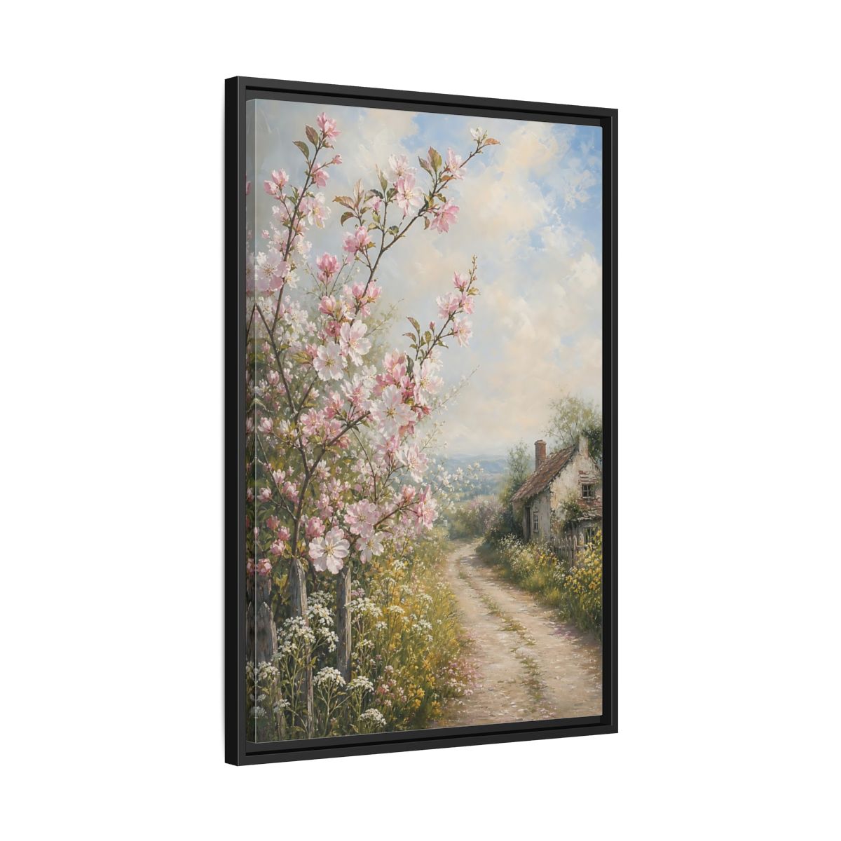 Side Mockup 14. Nature Cherry Blossoms Pink Blossoms Cottage shown as stretched canvas wall art