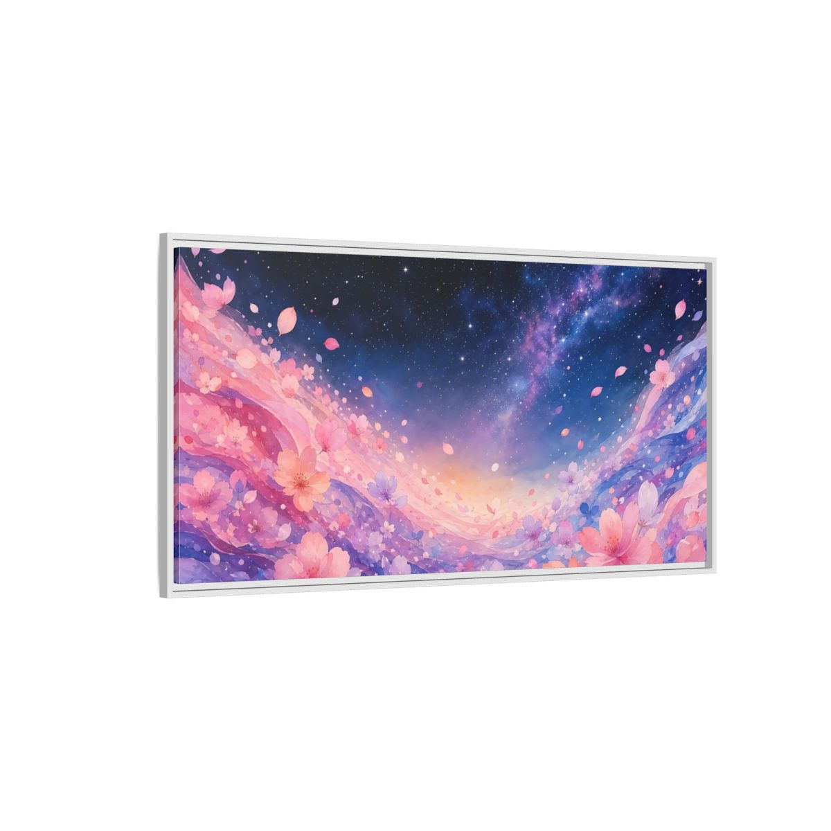Side Mockup 3. Nature Cherry Blossoms Pink Floral Galaxy shown as stretched canvas wall art