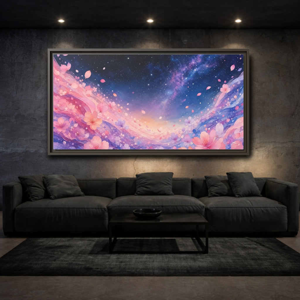 Mockup 3. Nature Cherry Blossoms Pink Floral Galaxy shown as stretched canvas wall art