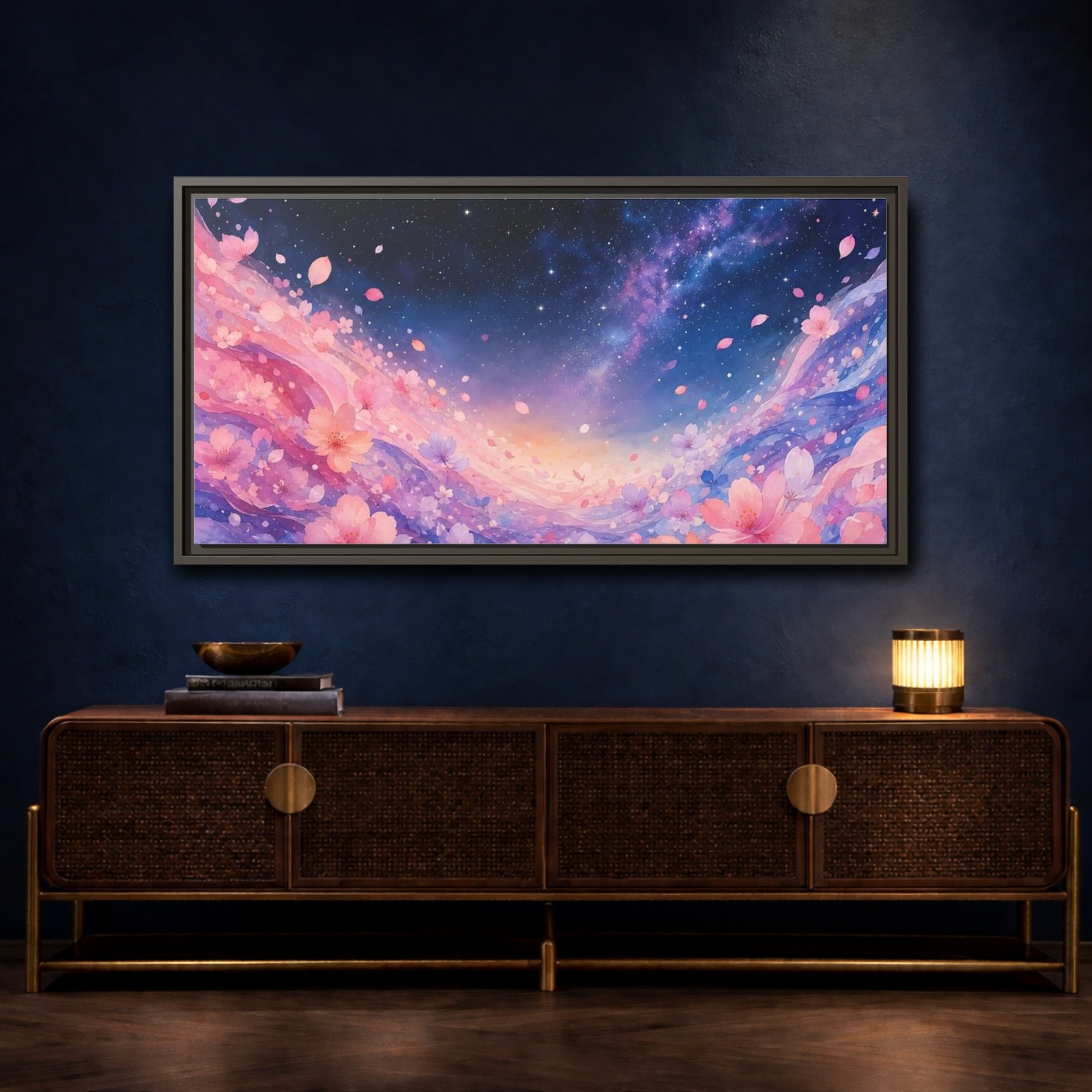 Mockup 4. Nature Cherry Blossoms Pink Floral Galaxy shown as stretched canvas wall art