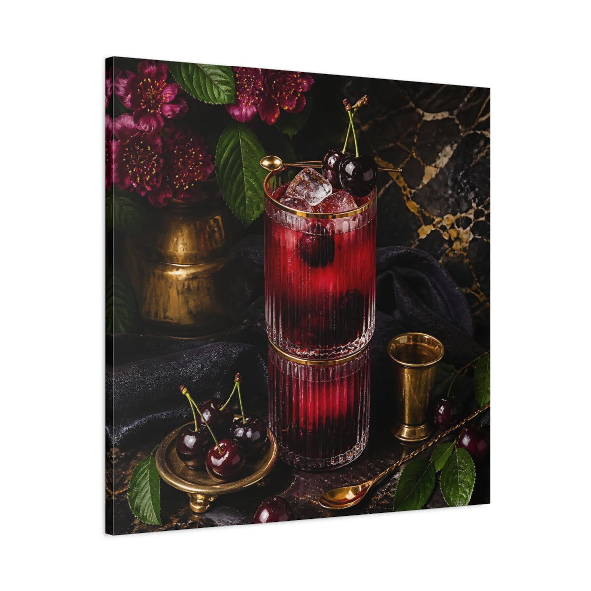 Main Mockup. Nature Cherry Cocktail Burgundy And Gold shown as stretched canvas wall art