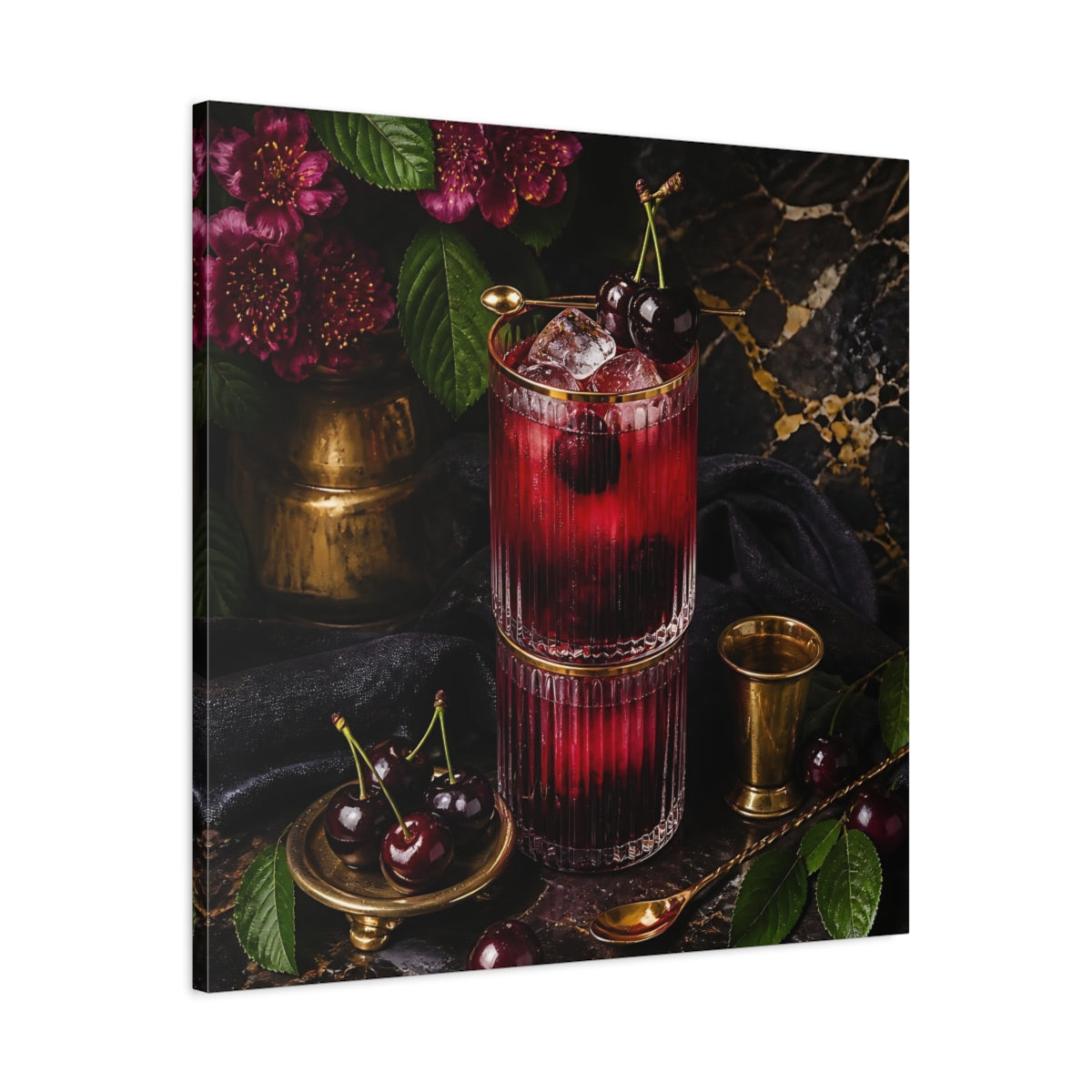 Side Mockup 3. Nature Cherry Cocktail Burgundy And Gold shown as stretched canvas wall art