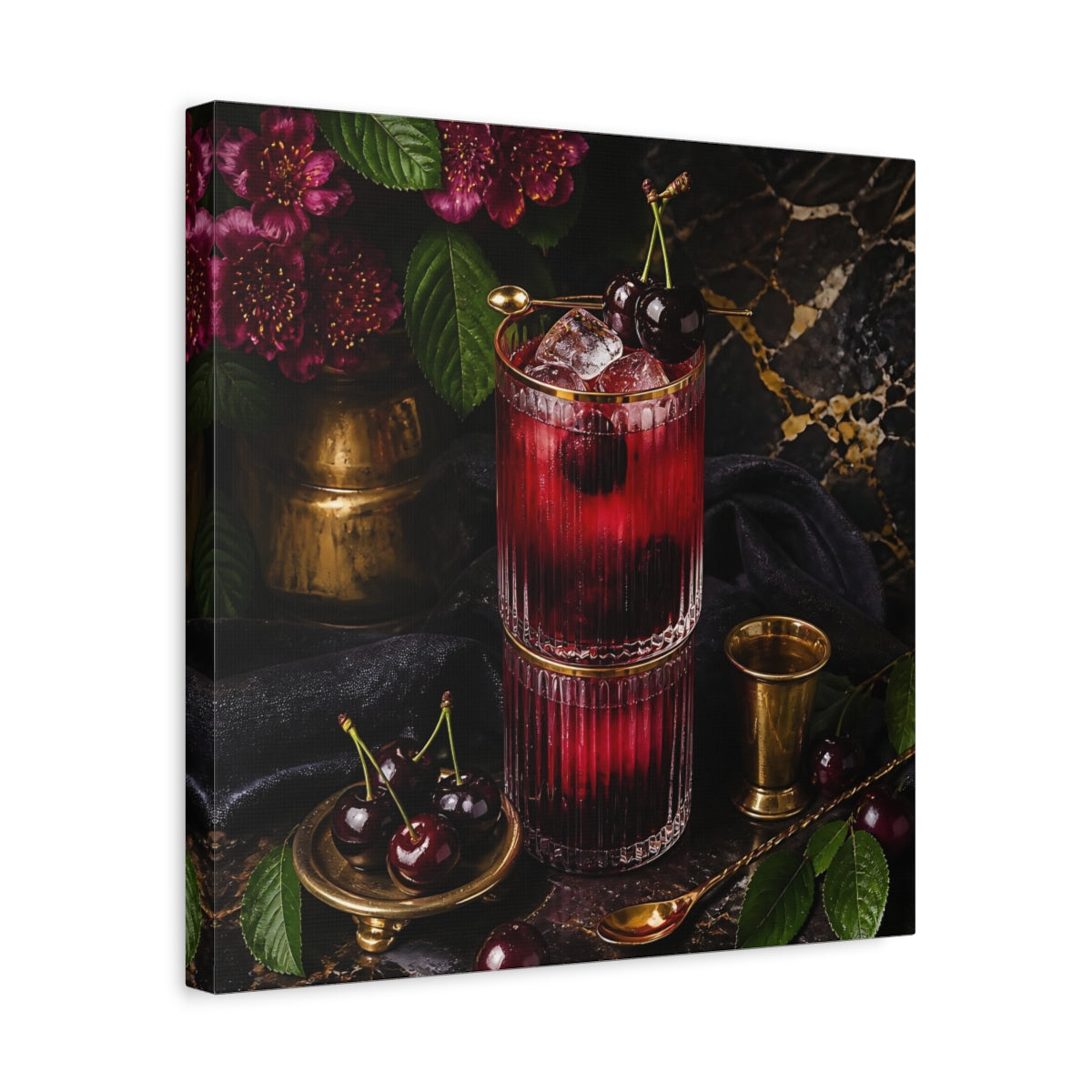 Side Mockup 6. Nature Cherry Cocktail Burgundy And Gold shown as stretched canvas wall art