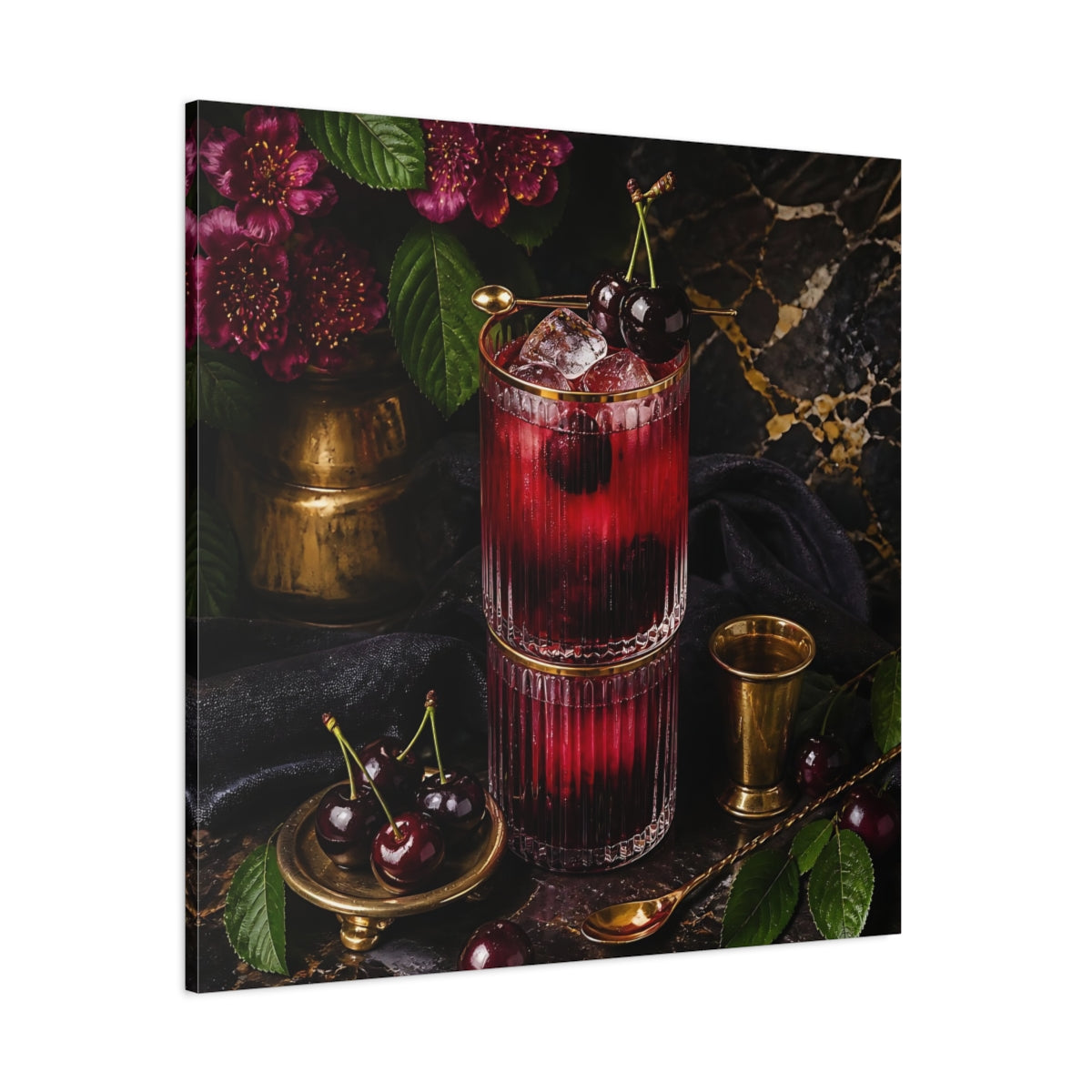 Side Mockup 1. Nature Cherry Cocktail Burgundy And Gold shown as stretched canvas wall art