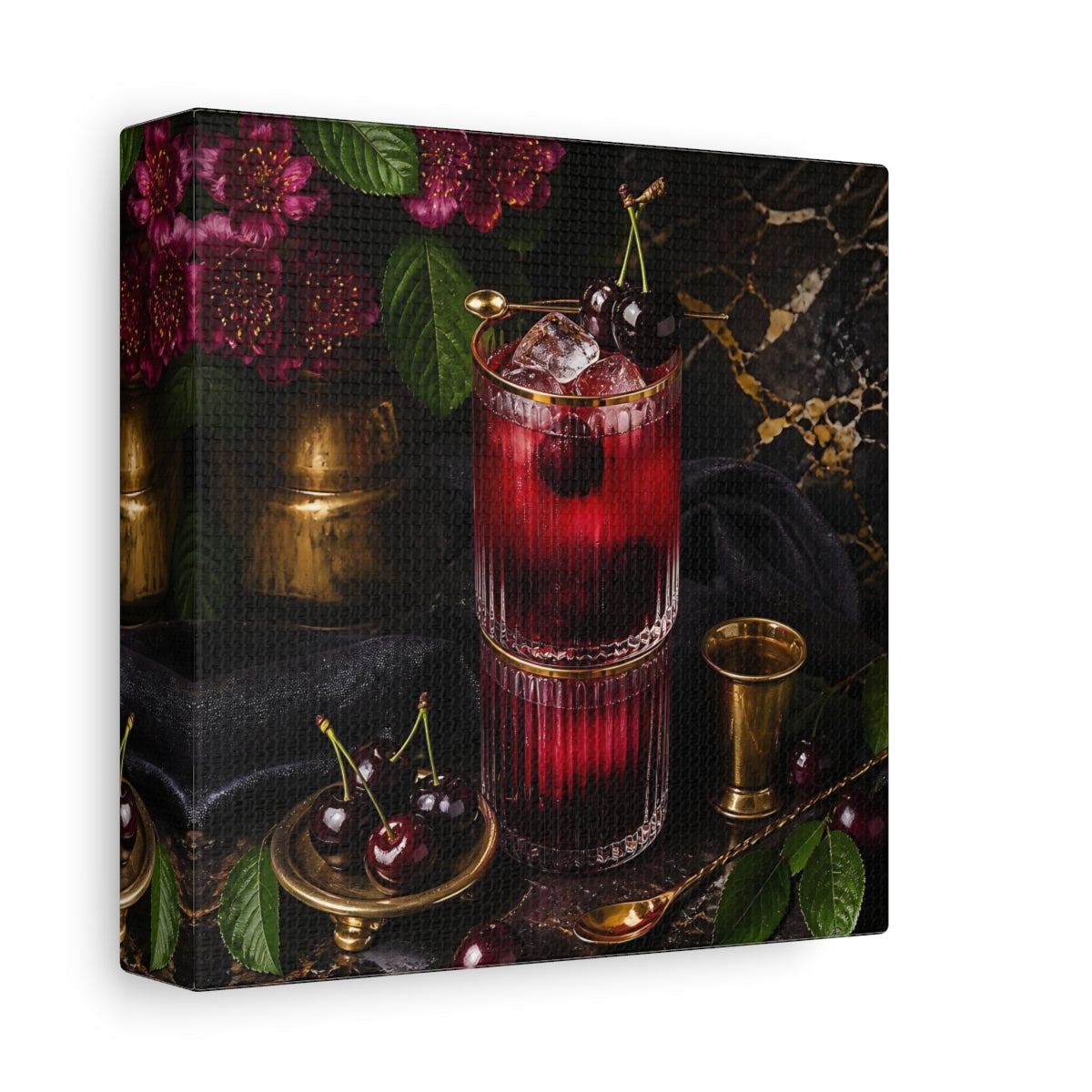 Side Mockup 2. Nature Cherry Cocktail Burgundy And Gold shown as stretched canvas wall art