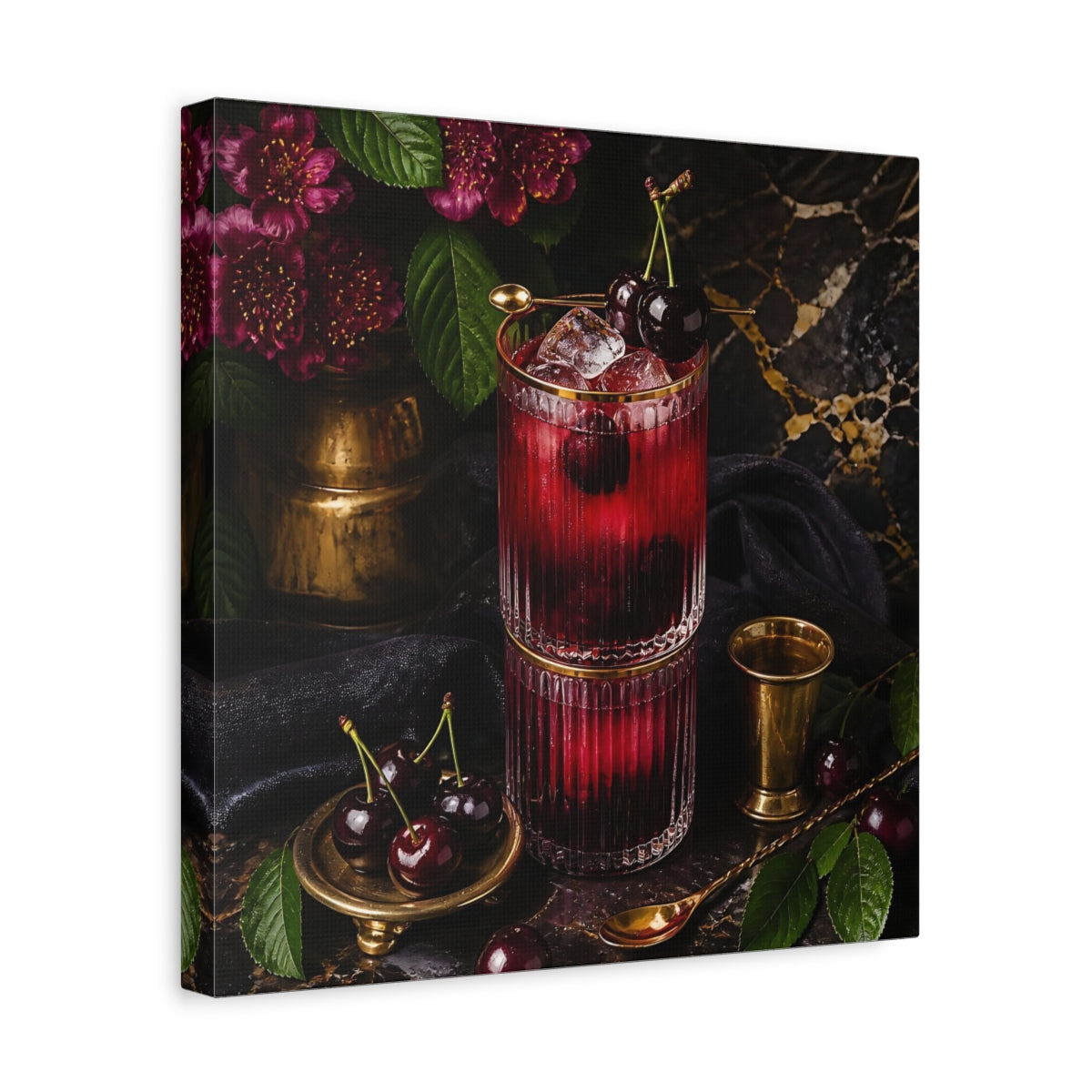 Side Mockup 7. Nature Cherry Cocktail Burgundy And Gold shown as stretched canvas wall art